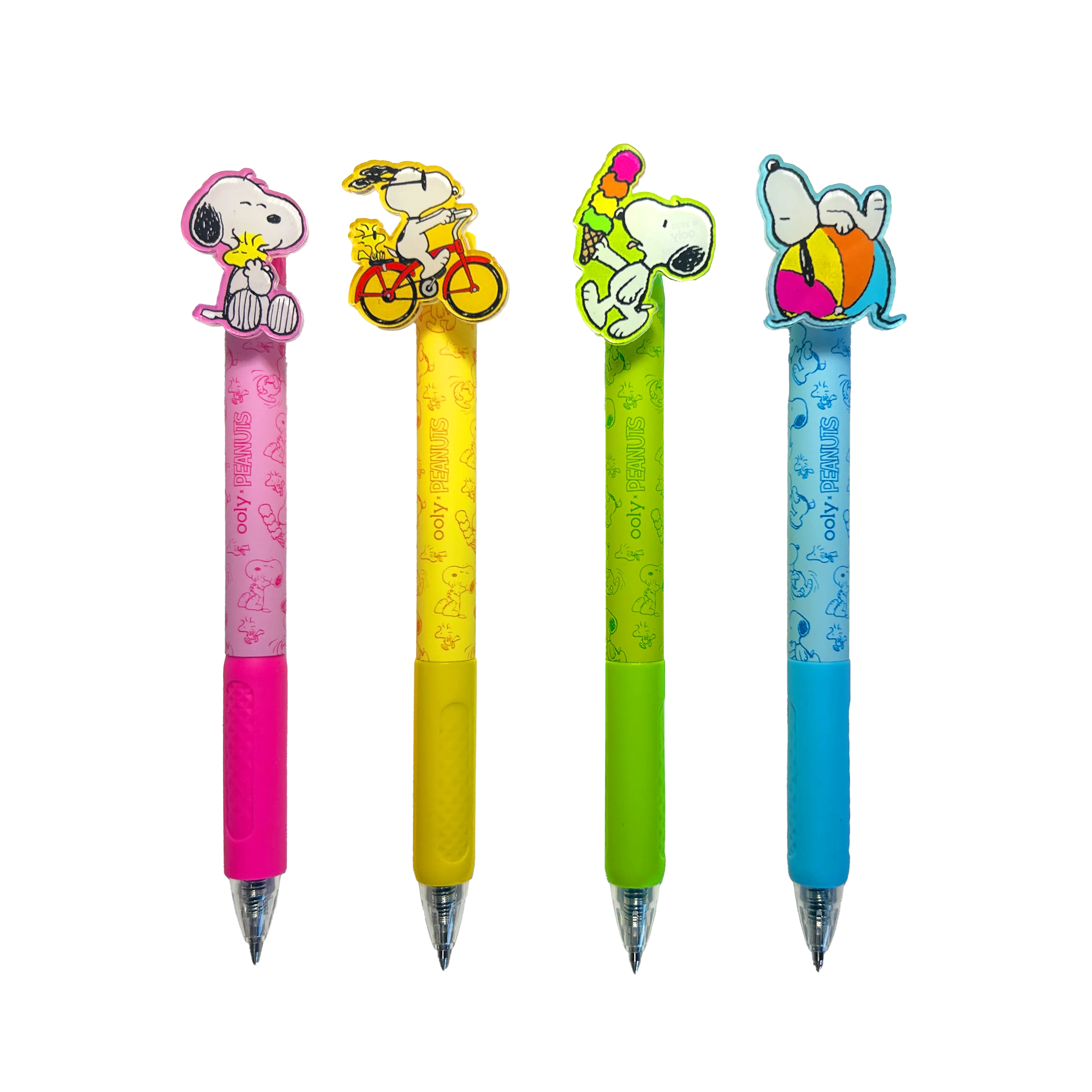 All 4 gel pens featuring toppers with Snoopy from the OOLY x Peanuts - Black Ink Retractable Gel Pens