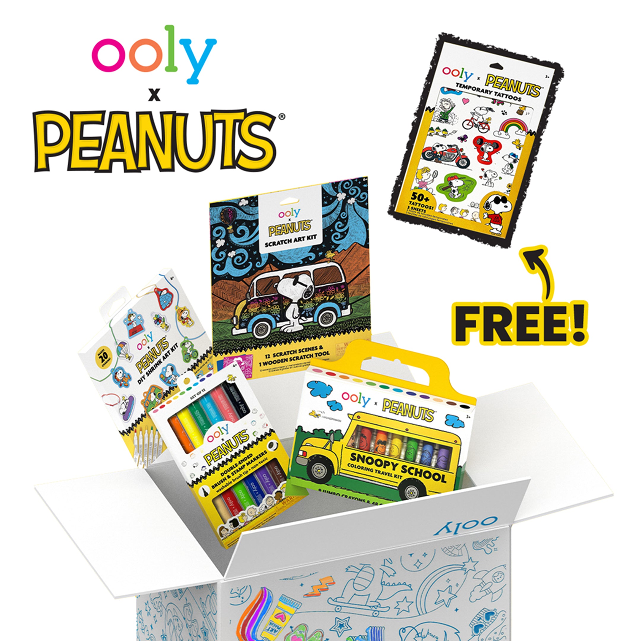 Open OOLY x Peanuts Bonus Box with Peanuts Logo and products coming out with free temporary tattoo set.