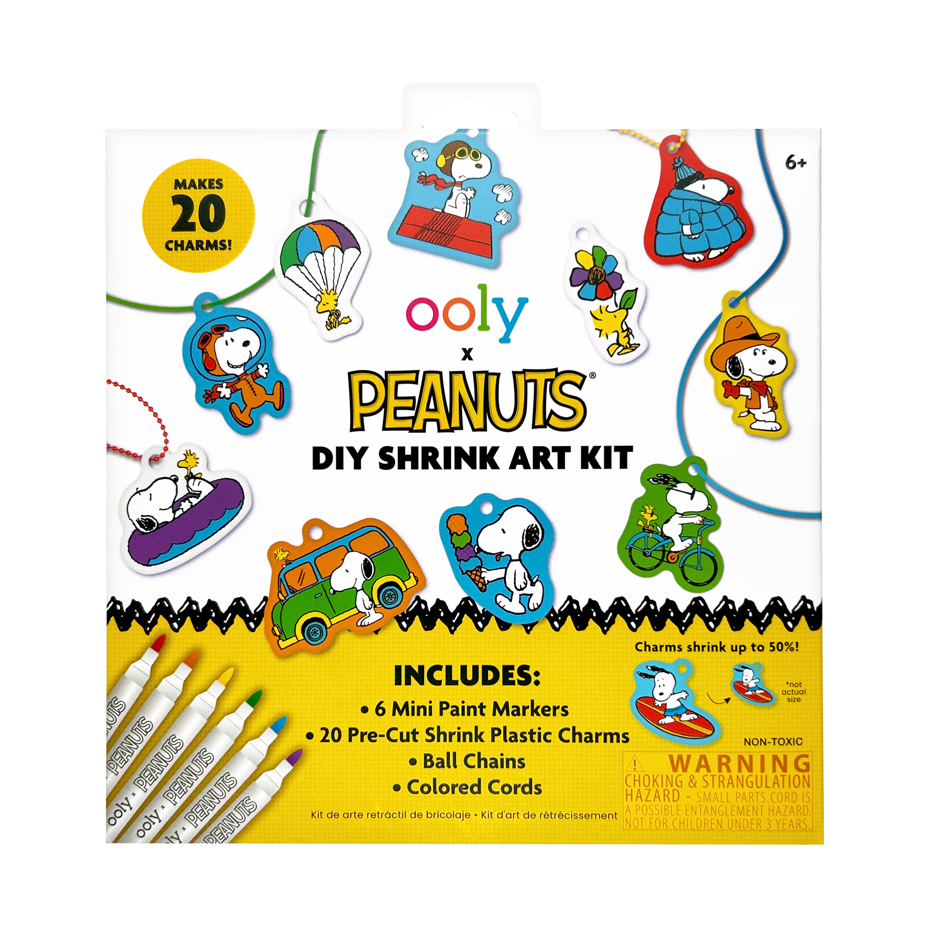 Front of packaging of OOLY x Peanuts DIY Shrink Art Kit