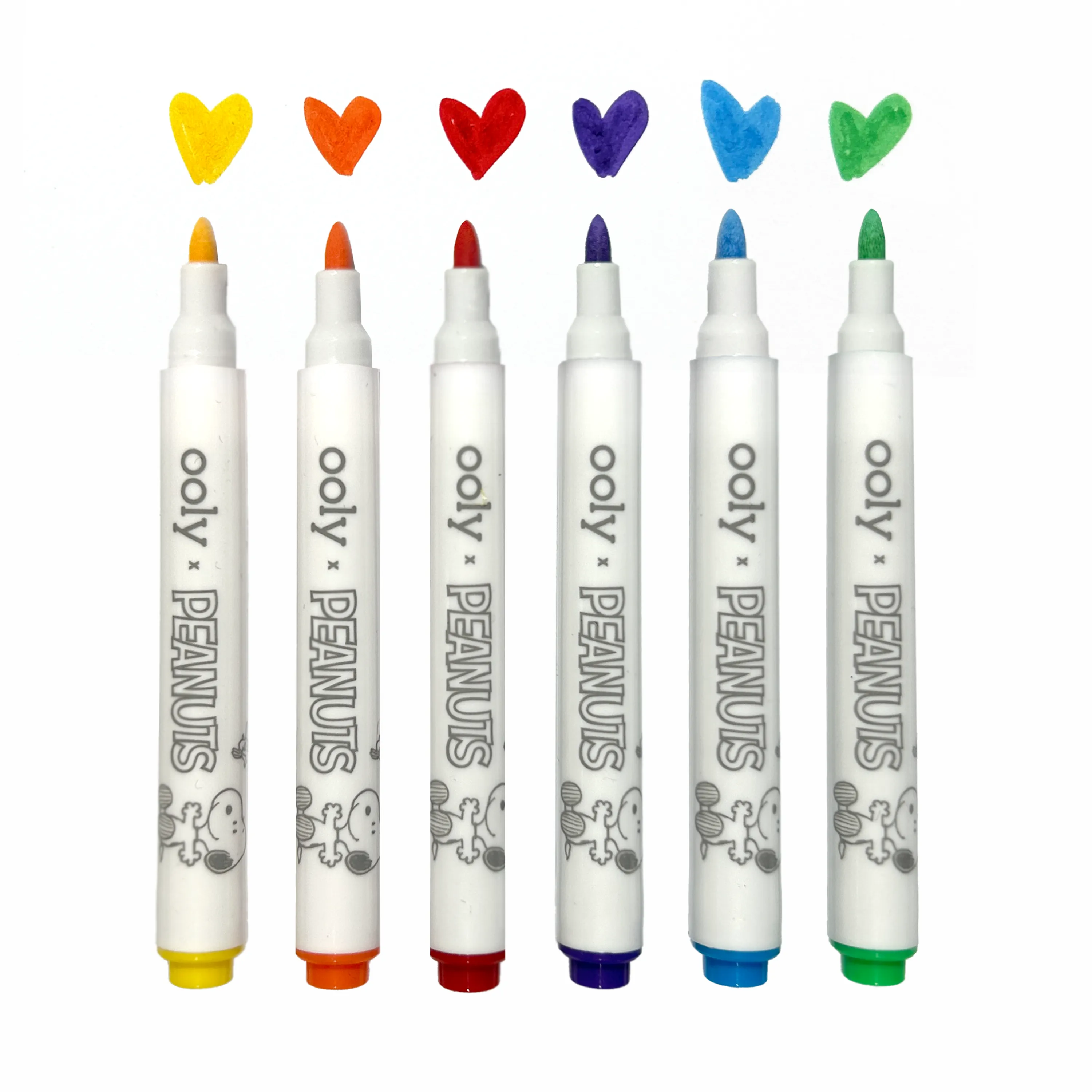 Row of markers with colored heart shaped swatches from the OOLY x Peanuts DIY Shrink Art Kit