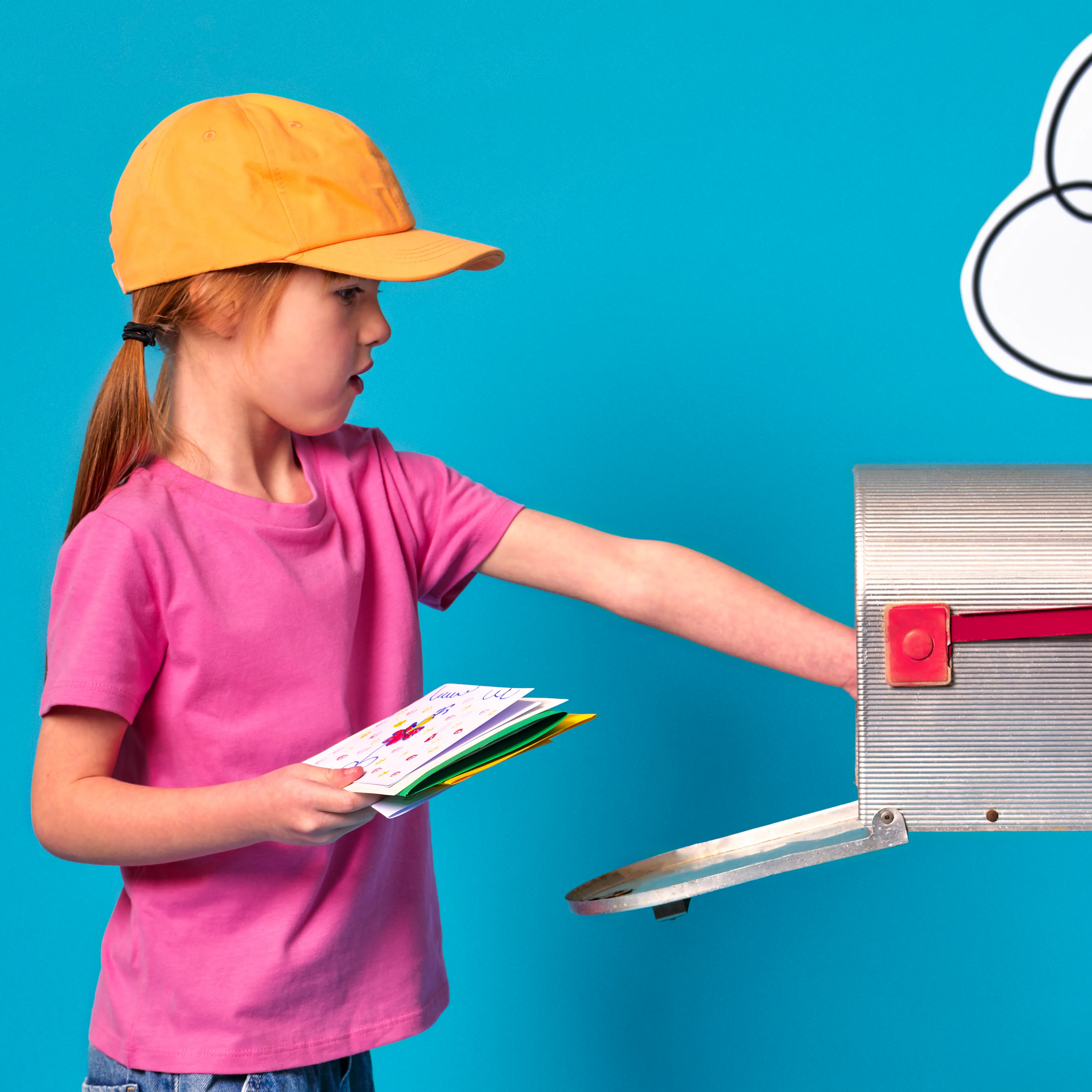 Girl in blue cloud background putting greeting cards made with OOLY x Peanuts Double-Ended Brush & Stamp Markers in a mailbox