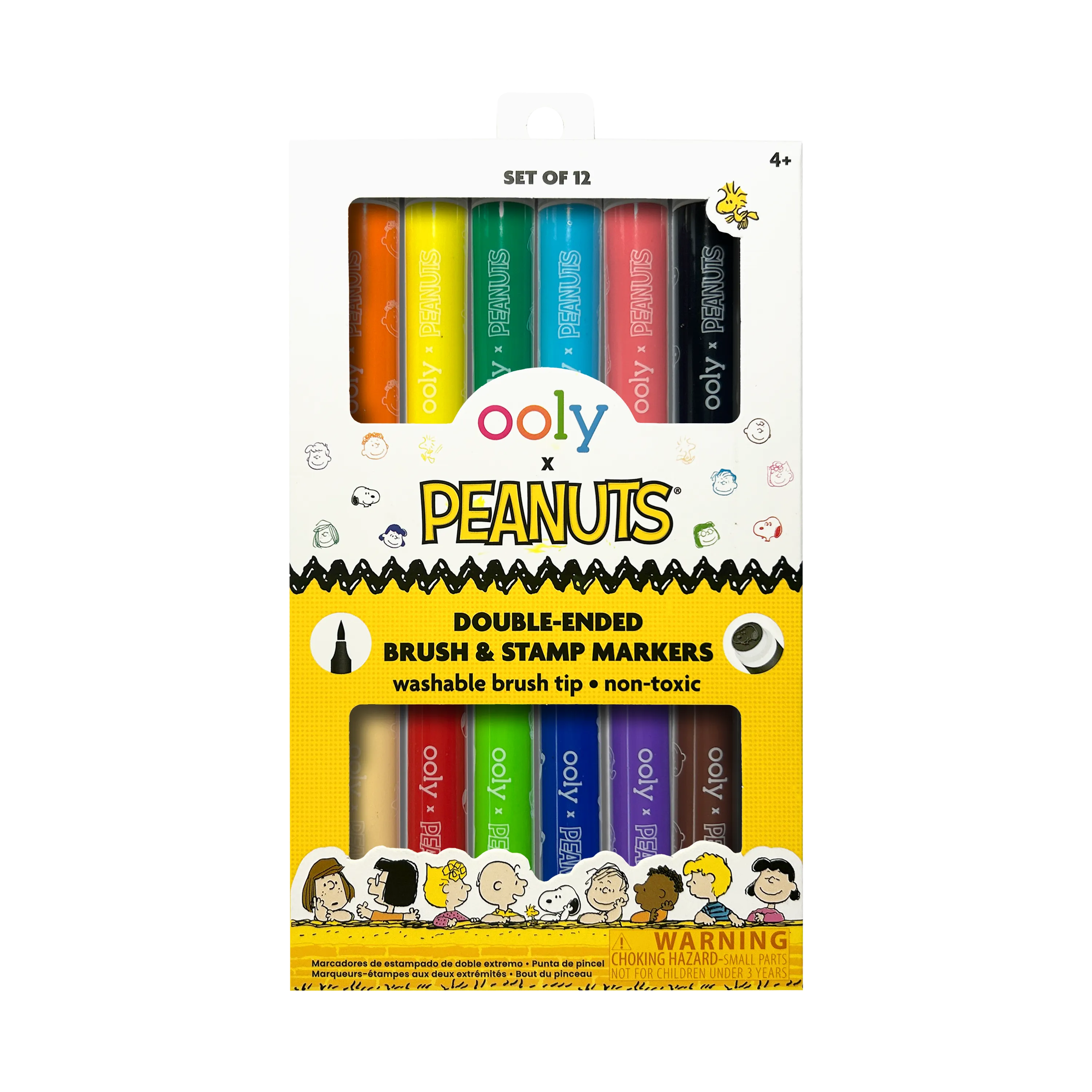 Front of packaging of the OOLY x Peanuts Double-Ended Brush & Stamp Markers