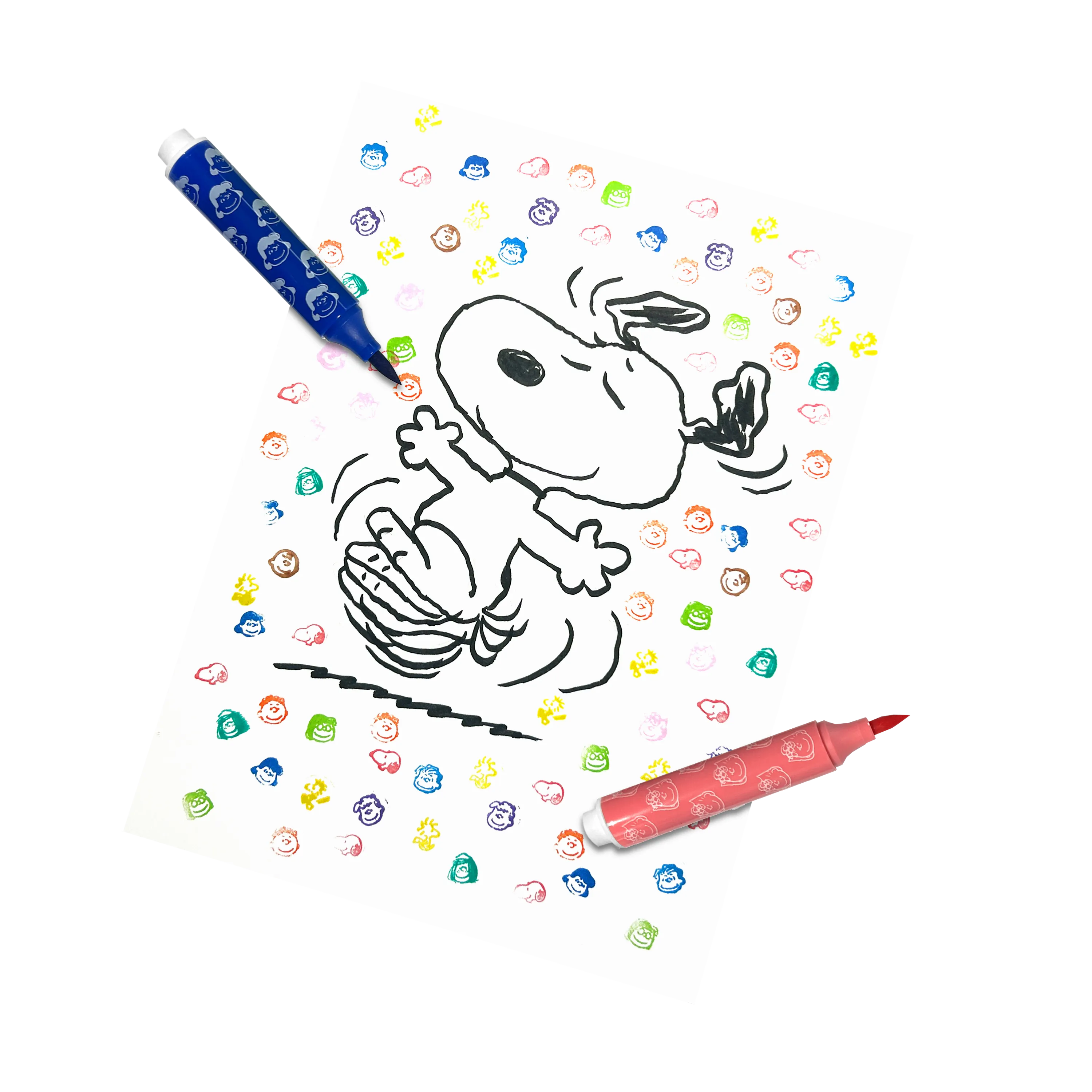 Drawing of Snoopy with stamps and two brush markers made with an OOLY x Peanuts Double-Ended Brush & Stamp Markers set