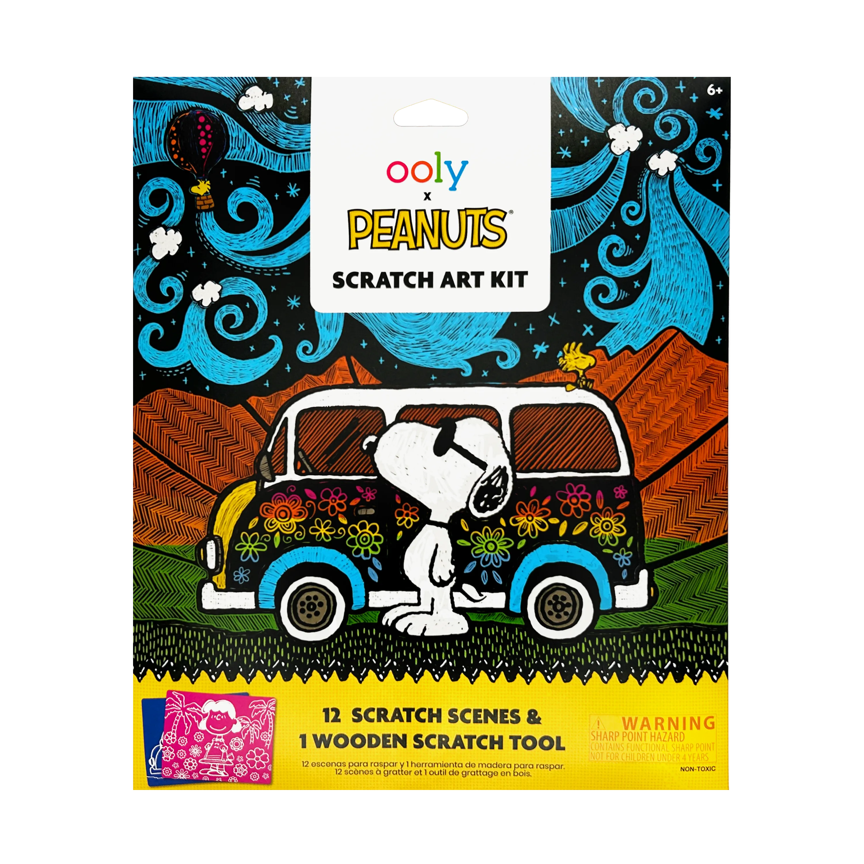 Front of packaging of OOLY x Peanuts Scratch Art Kit