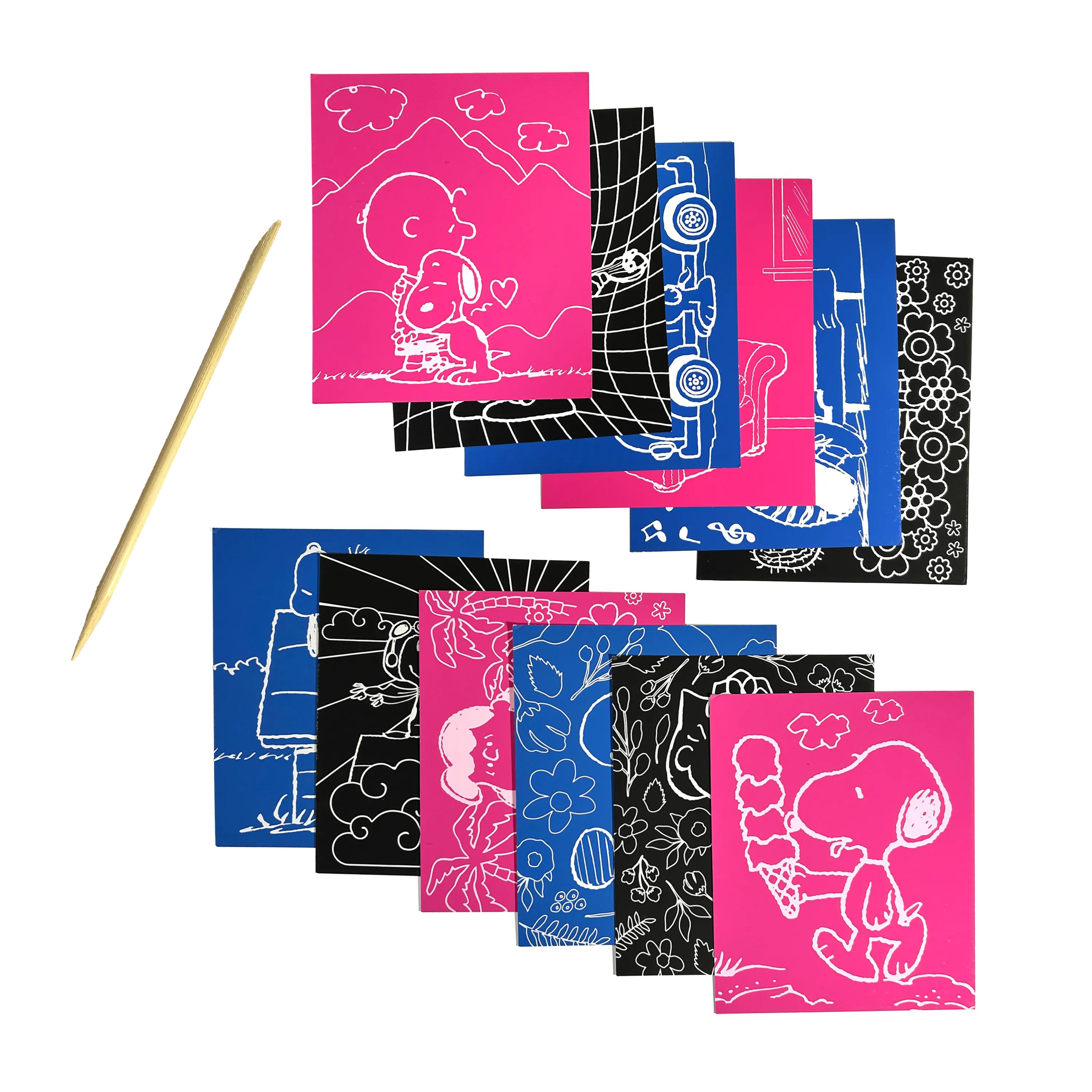 All 12 scratch cards and stylus from the OOLY x Peanuts Scratch Art Kit