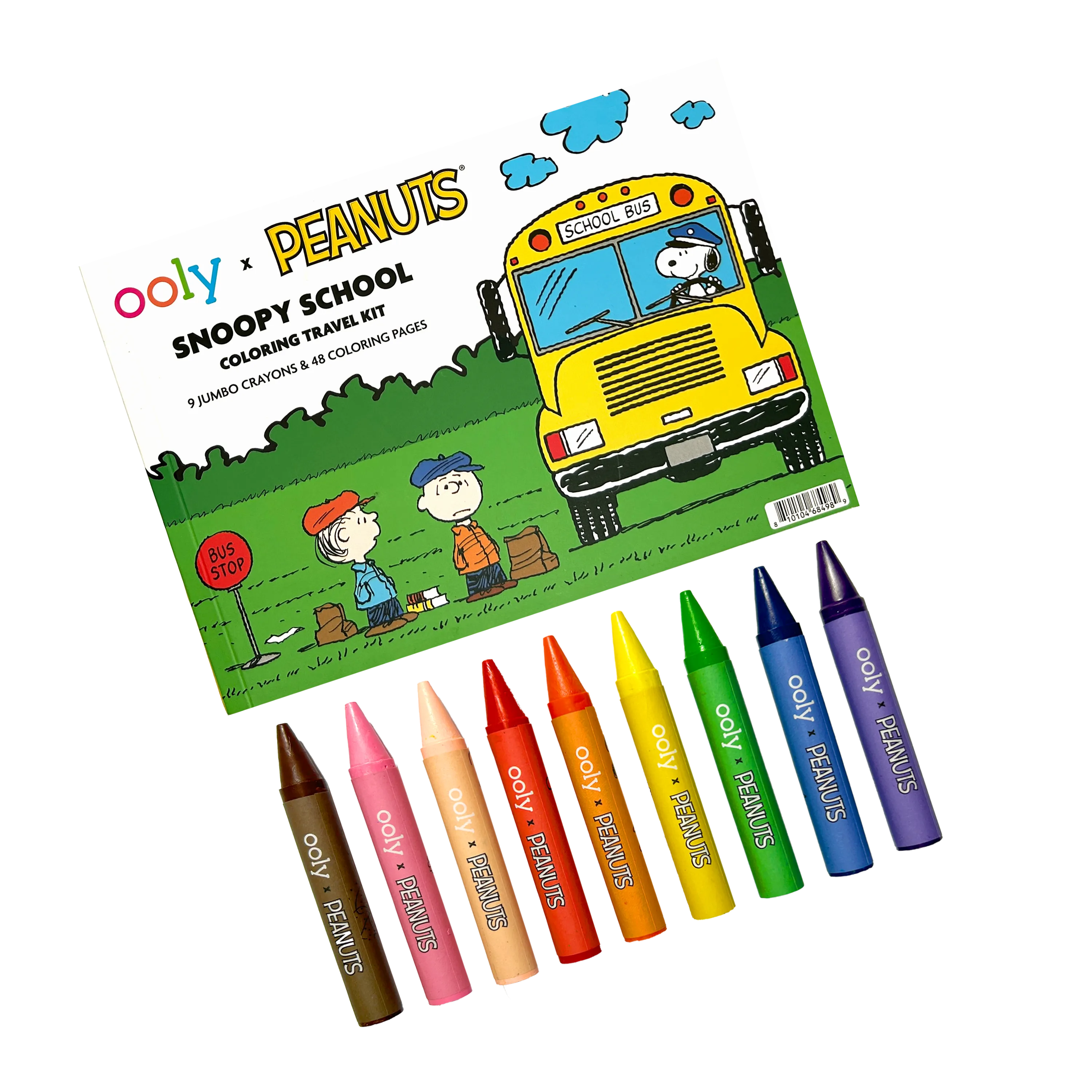 Row of crayons and back of packaging of the OOLY x Peanuts Snoopy School Coloring Travel Kit