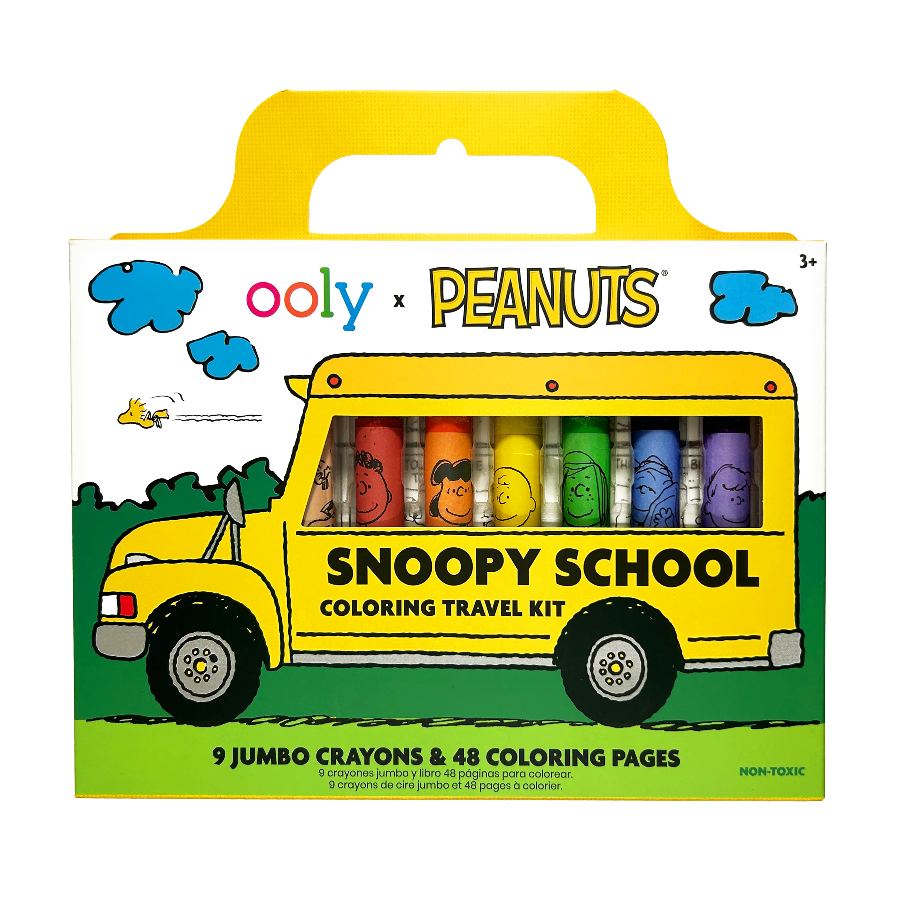 Front of packaging of OOLY x Peanuts Snoopy School Coloring Travel Kit