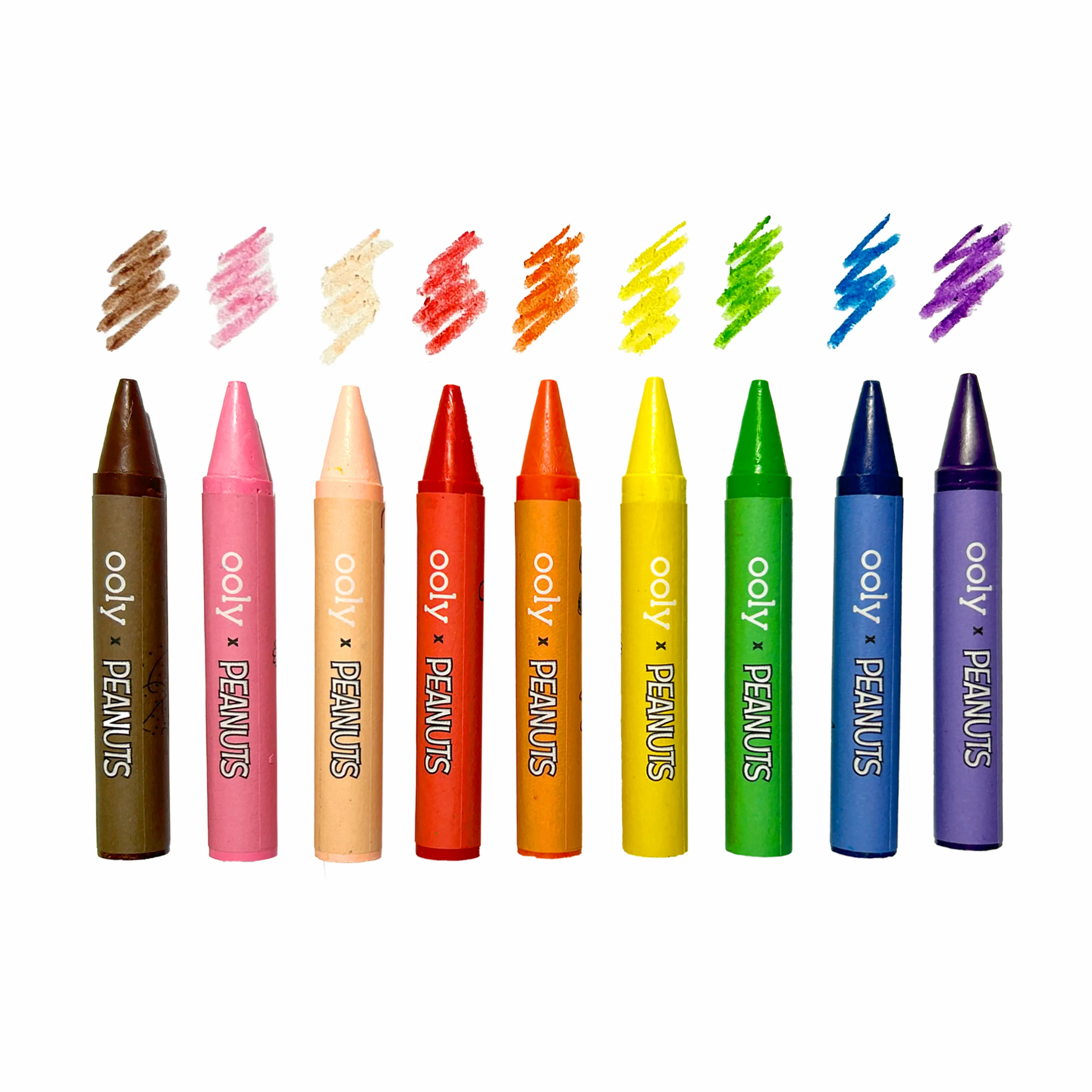 Row of crayons and colored swatches from the OOLY x Peanuts Snoopy School Coloring Travel Kit