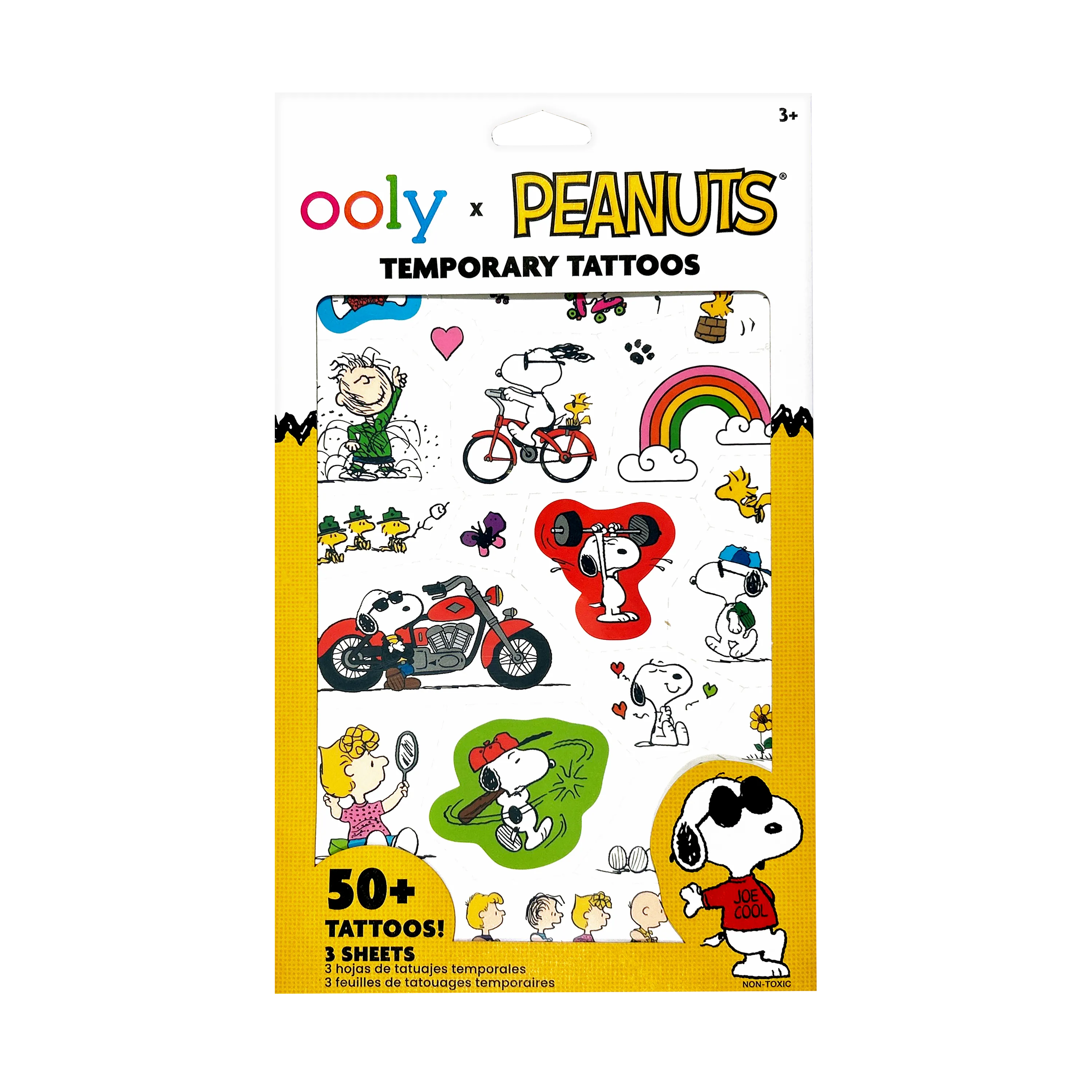 Front of packaging of OOLY x Peanuts Temporary Tattoos