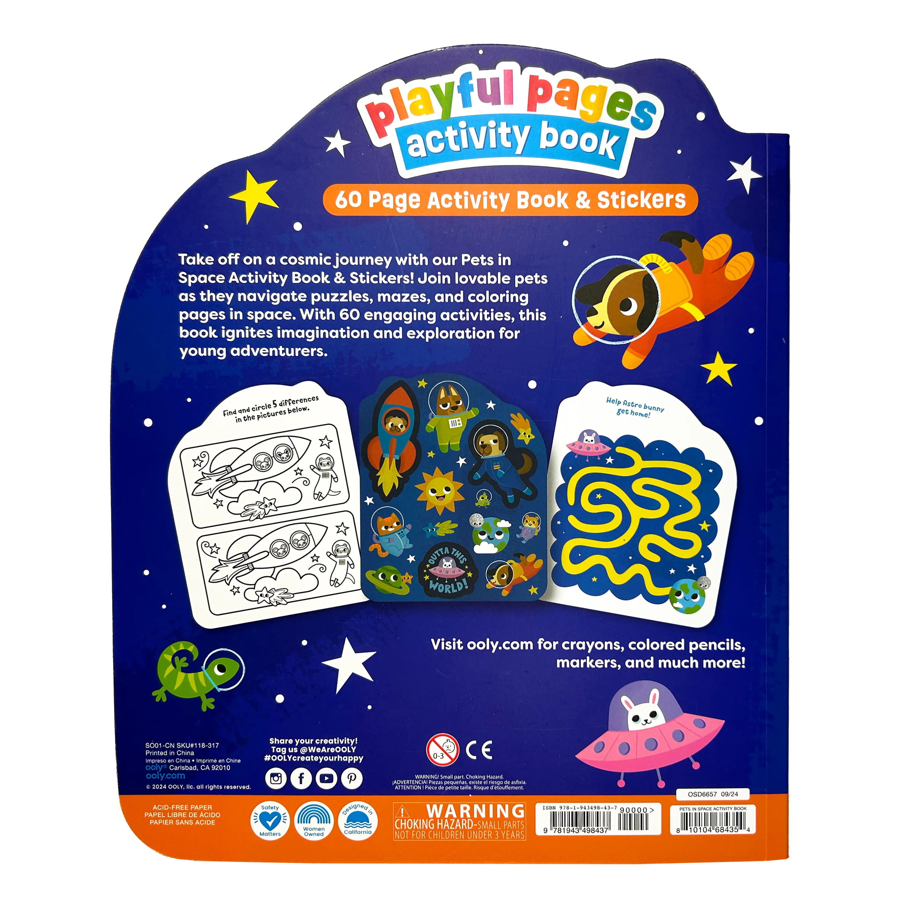 Back cover of OOLY Playful Pages Activity Book - Games Coloring Stickers - Pets in Space