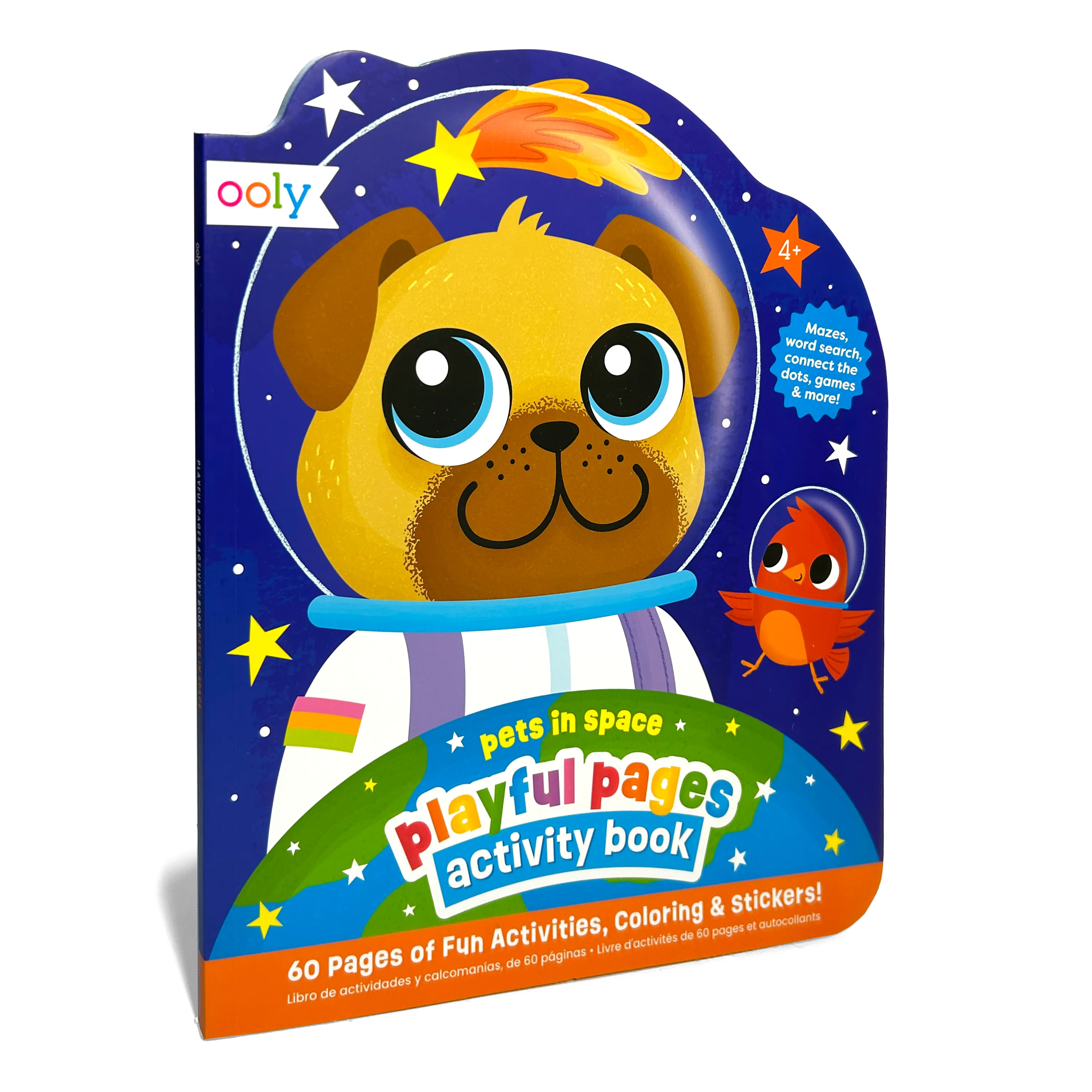 Quarter angle of front cover of OOLY Playful Pages Activity Book - Games Coloring Stickers - Pets in Space