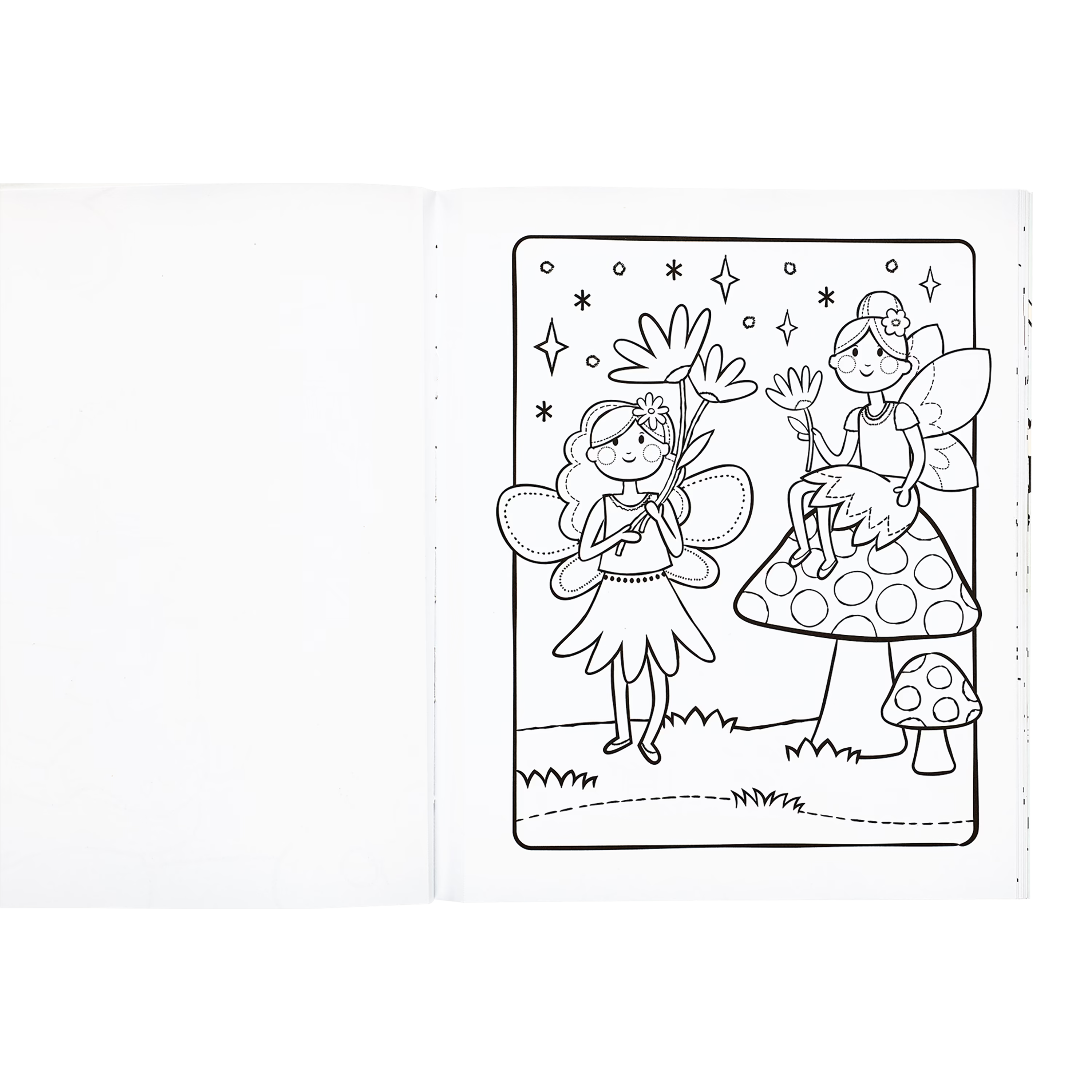 Uncolored fairies sitting on mushrooms from the OOLY Princesses and Fairies Coloring Book