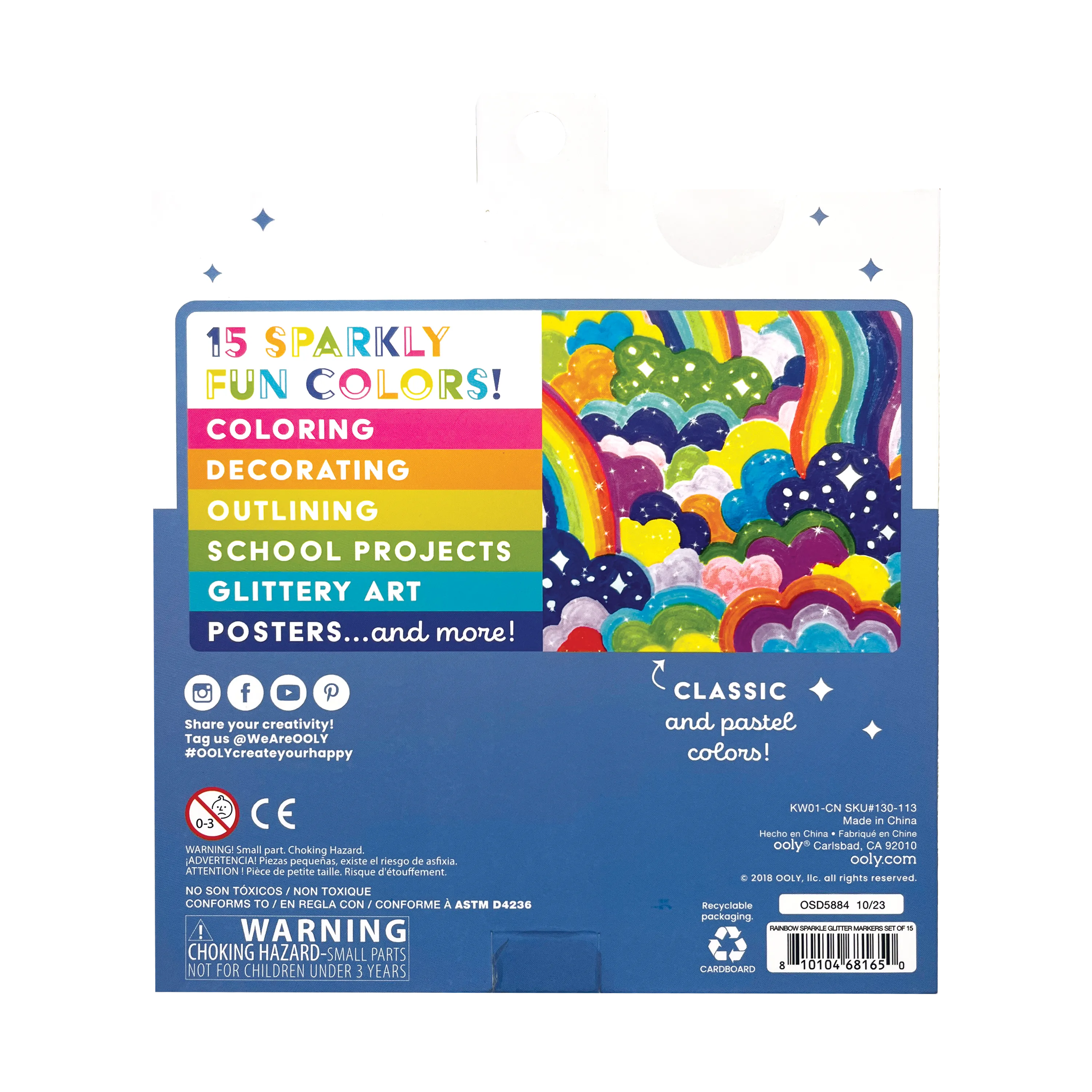 Back of packaging of OOLY Rainbow Sparkle Glitter Markers