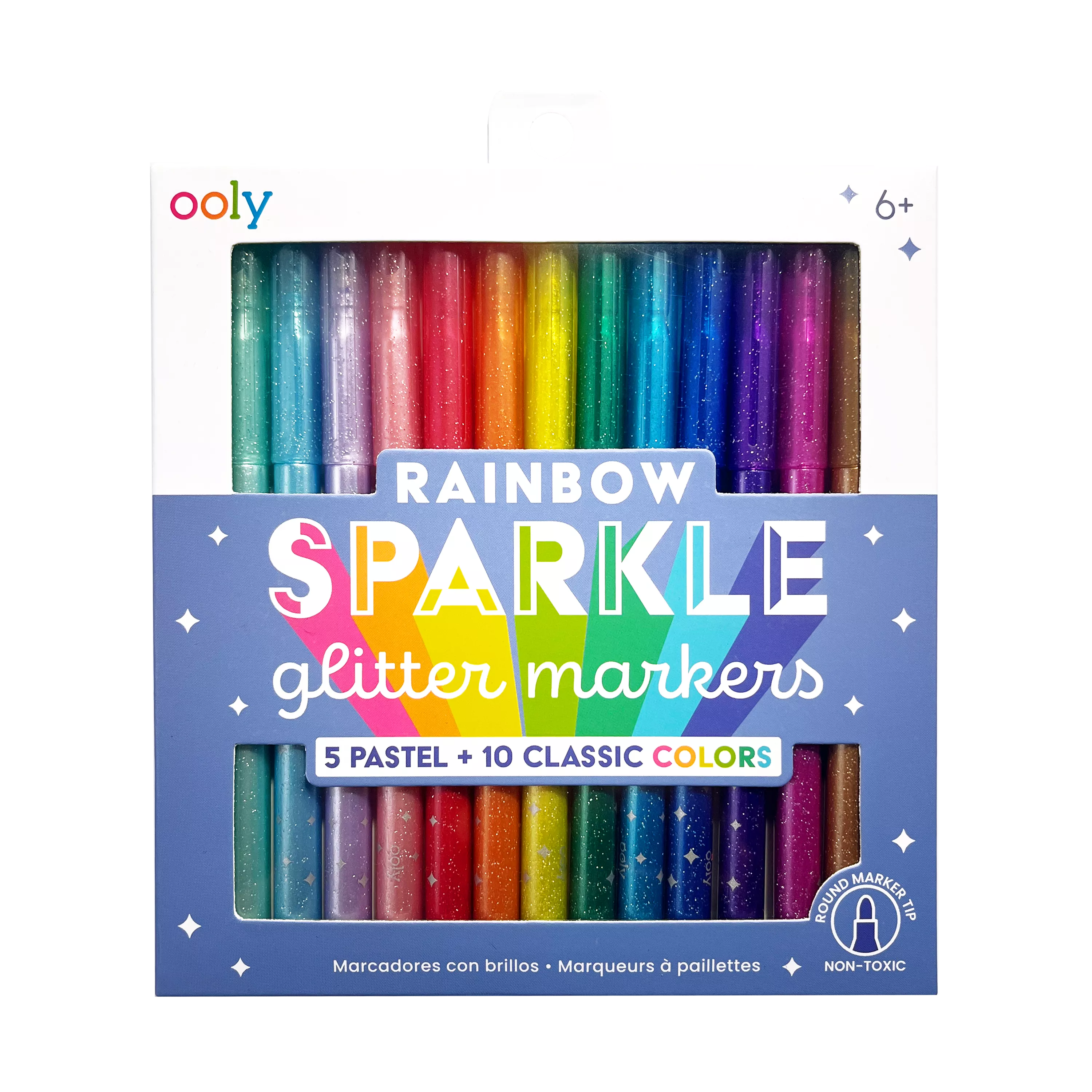 Packaging front of OOLY Rainbow Sparkle Glitter Markers