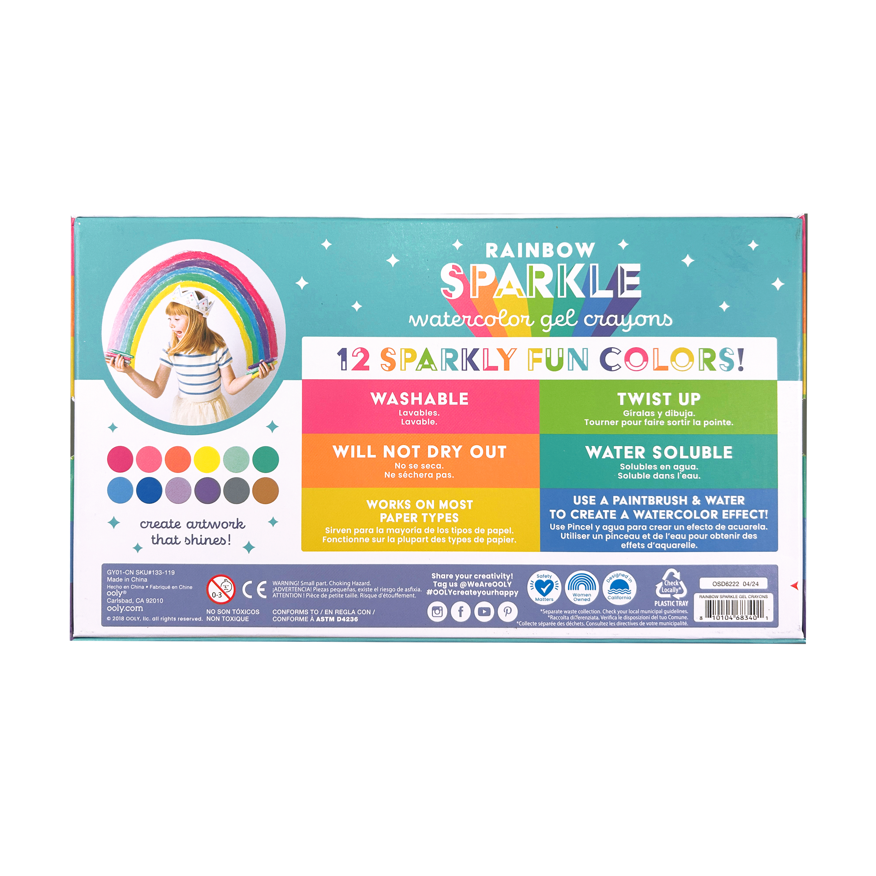 OOLY Rainbow Sparkle Metallic Watercolor Gel Crayons - Set of 12 back of packaging