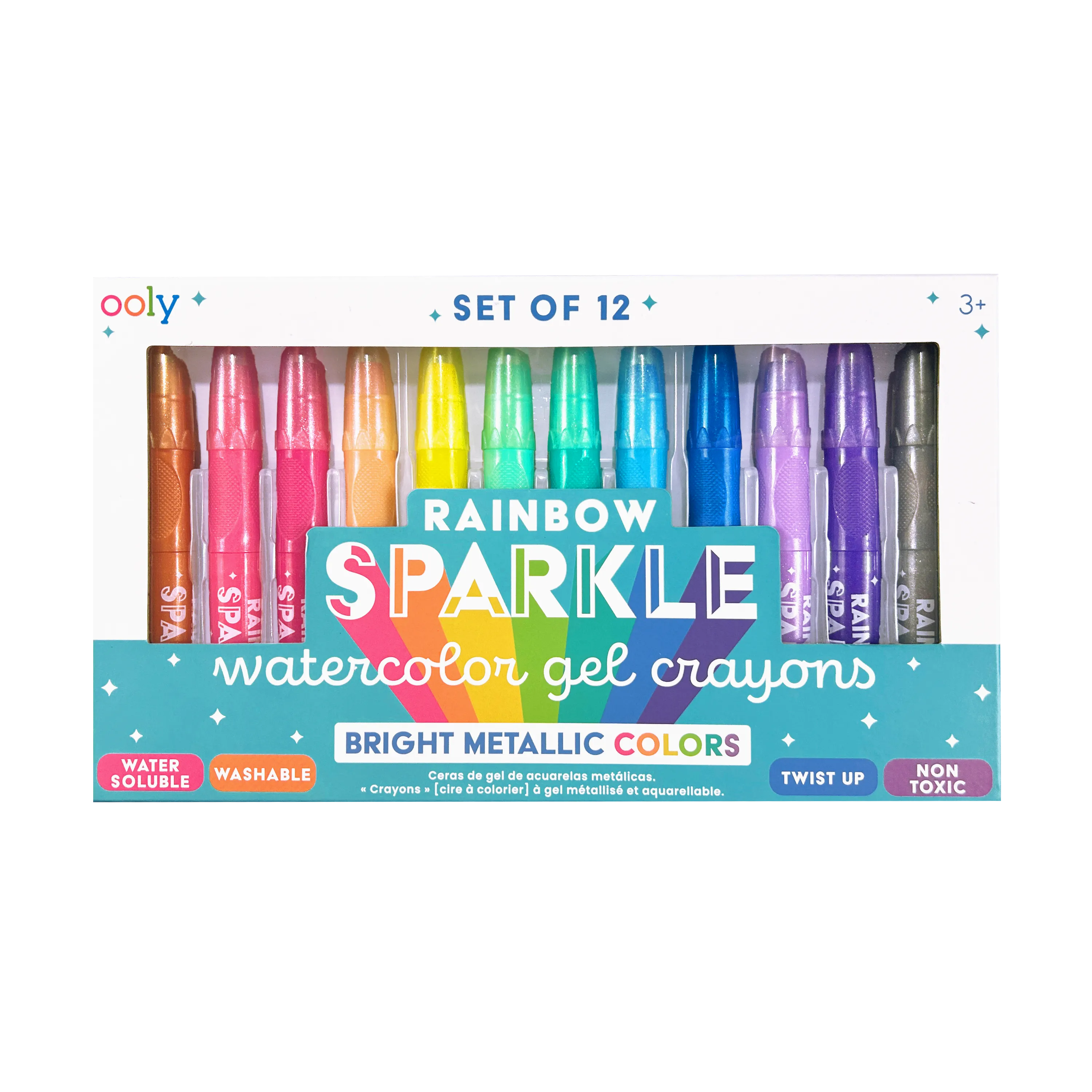 OOLY Rainbow Sparkle Metallic Watercolor Gel Crayons - Set of 12 front of packaging