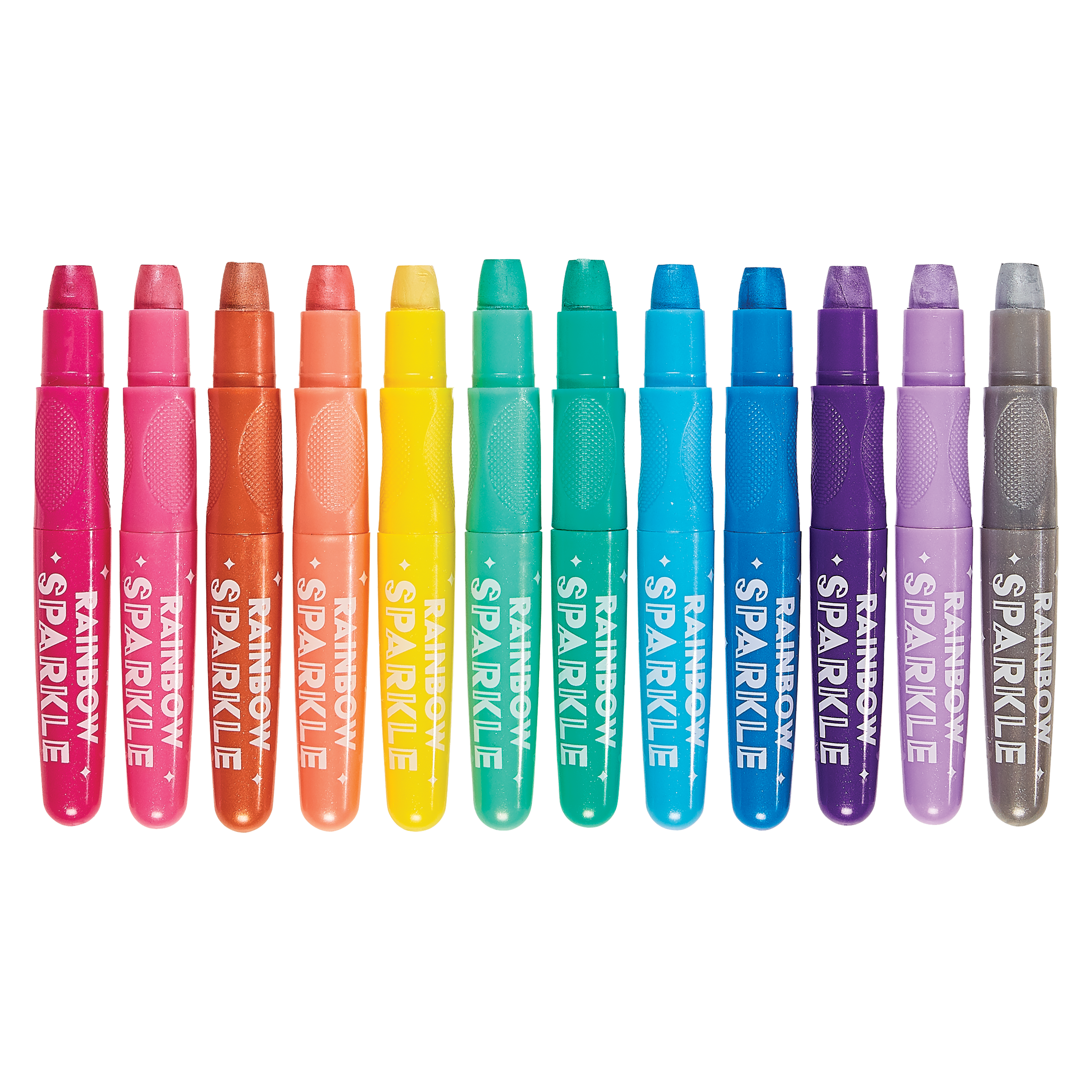 OOLY Rainbow Sparkle Metallic Watercolor Gel Crayons - Set of 12 row of uncapped crayons