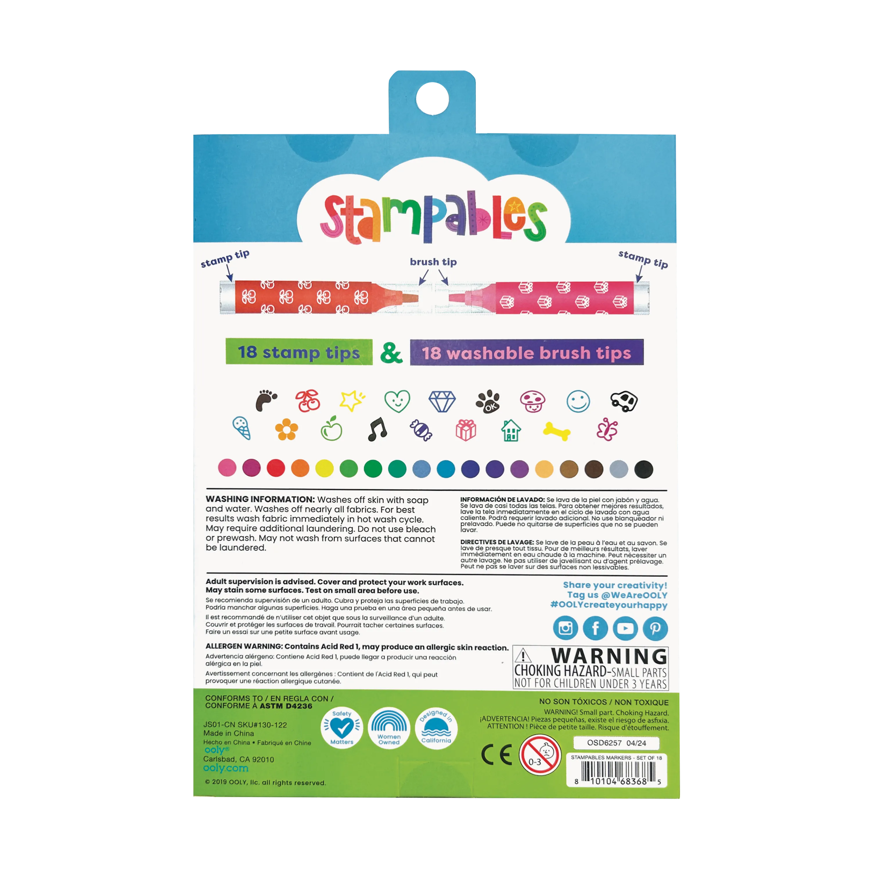 Back of packaging of Stampables Double-Ended Stamp & Brush Markers