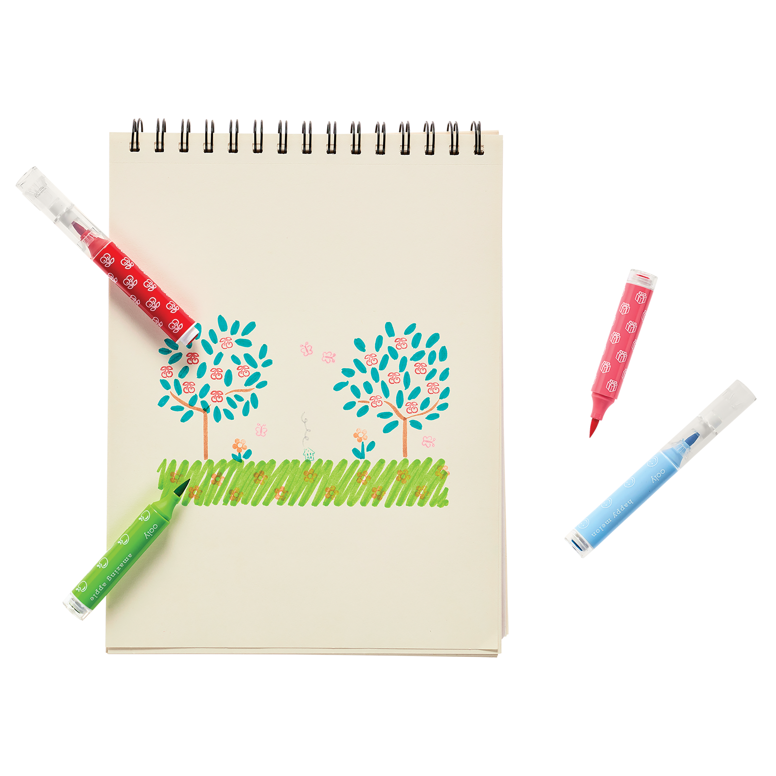 Coloring of green trees and grass in white sketchbook with stamp patterns from Stampables Double-Ended Stamp & Brush Markers