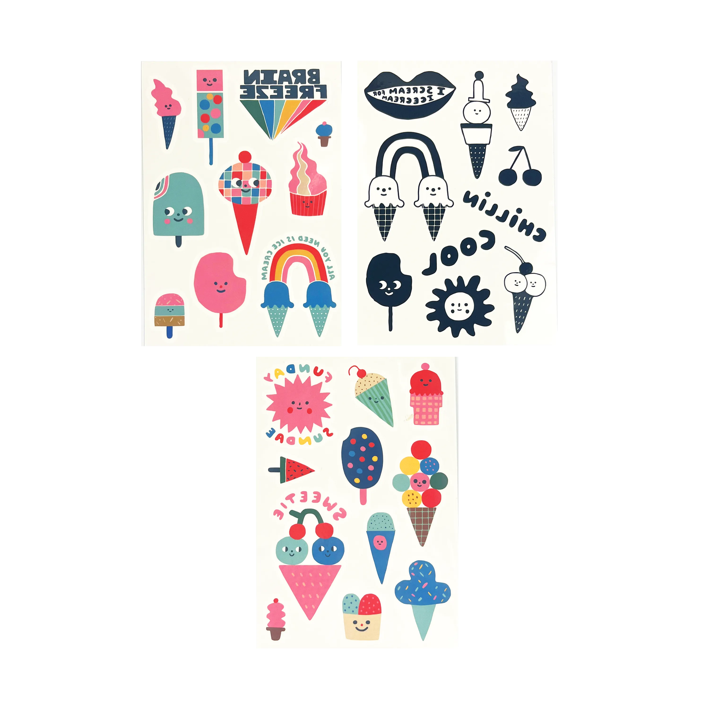 Three sheets of the OOLY Tattoo Palooza Suzy Ultman Temporary Tattoos Mini Pack Ice Cream Party