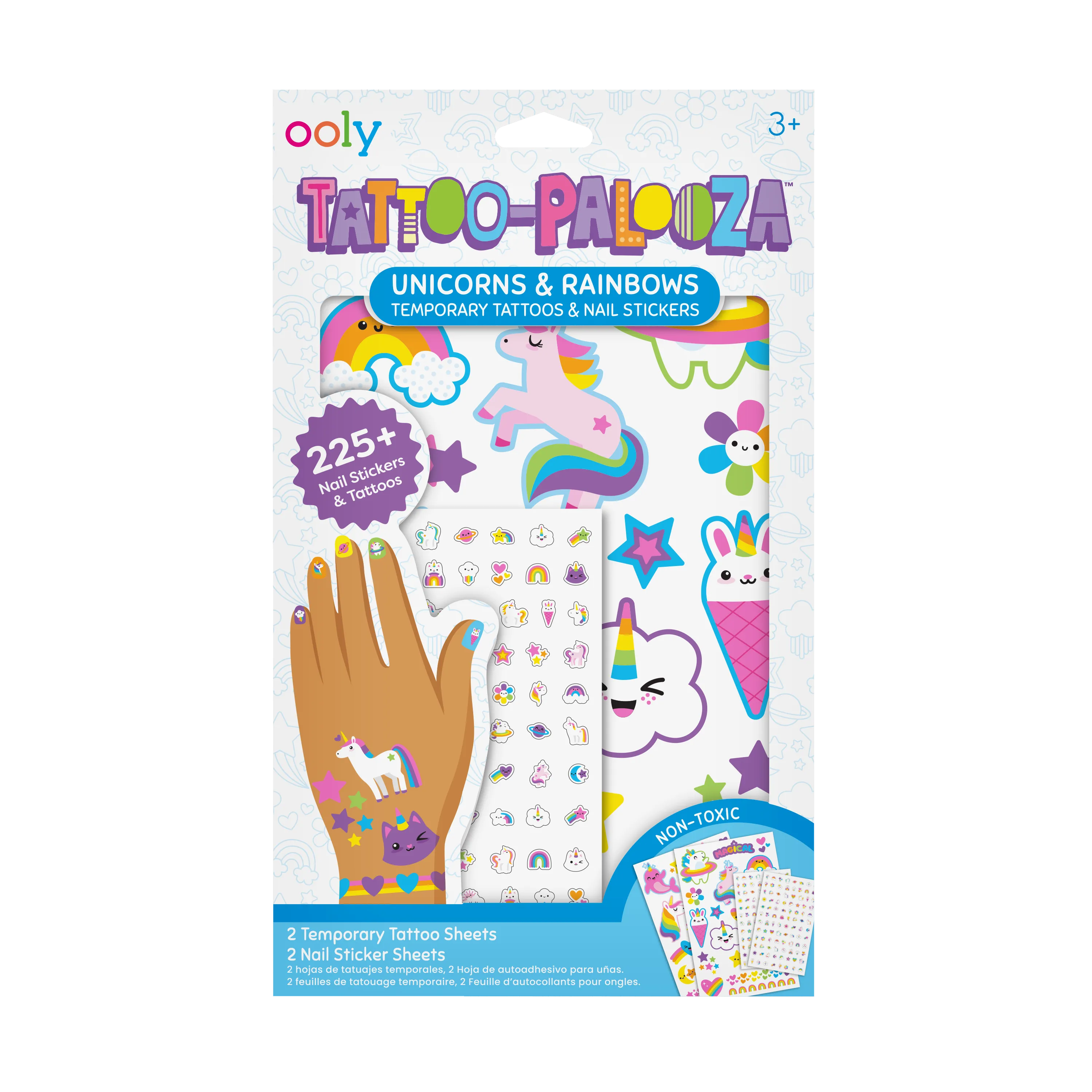 Packaging front of OOLY Tattoo-Palooza Temporary Tattoos & Nail Stickers - Unicorns & Rainbows