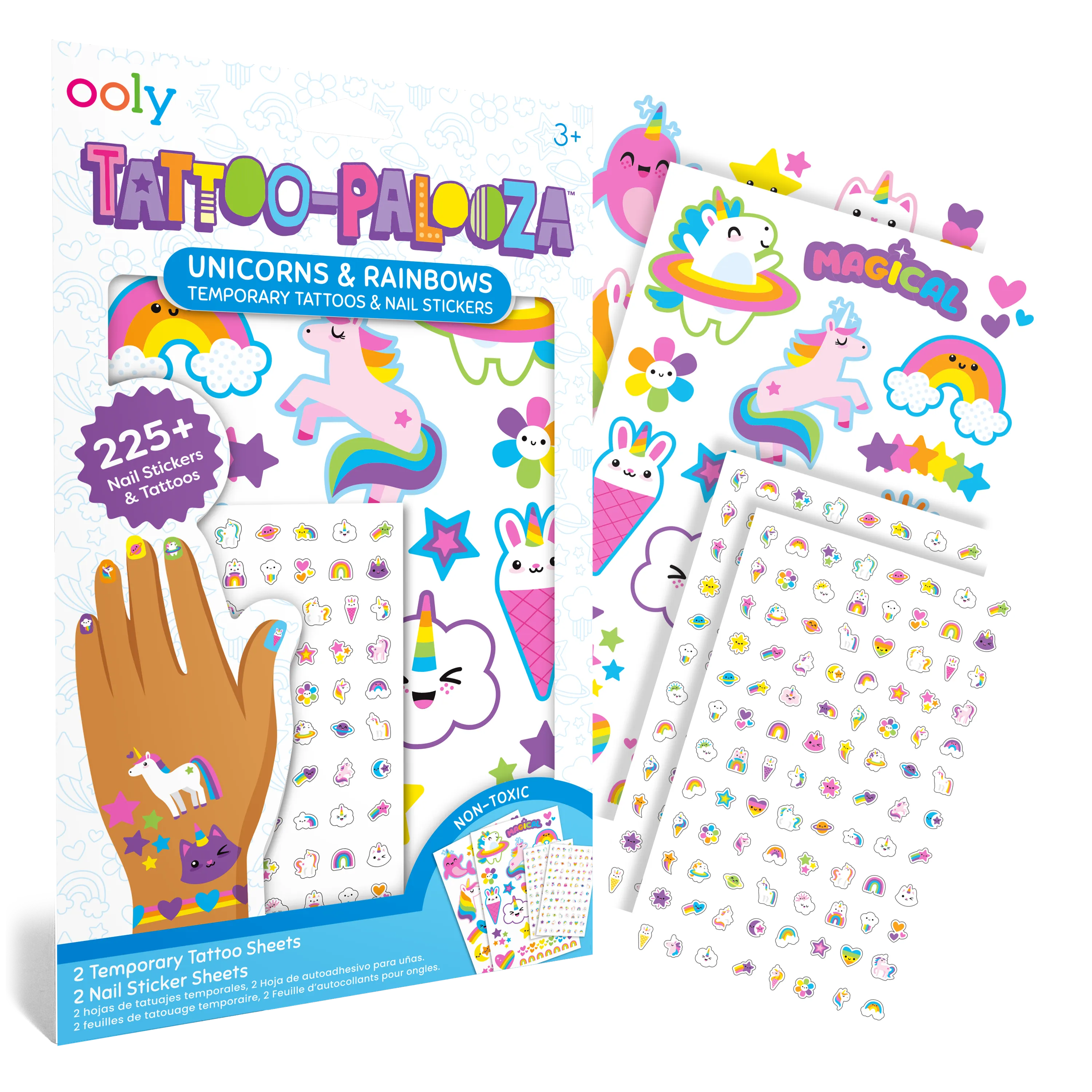 Packaging and sticker sheets from OOLY Tattoo-Palooza Temporary Tattoos & Nail Stickers - Unicorns & Rainbows