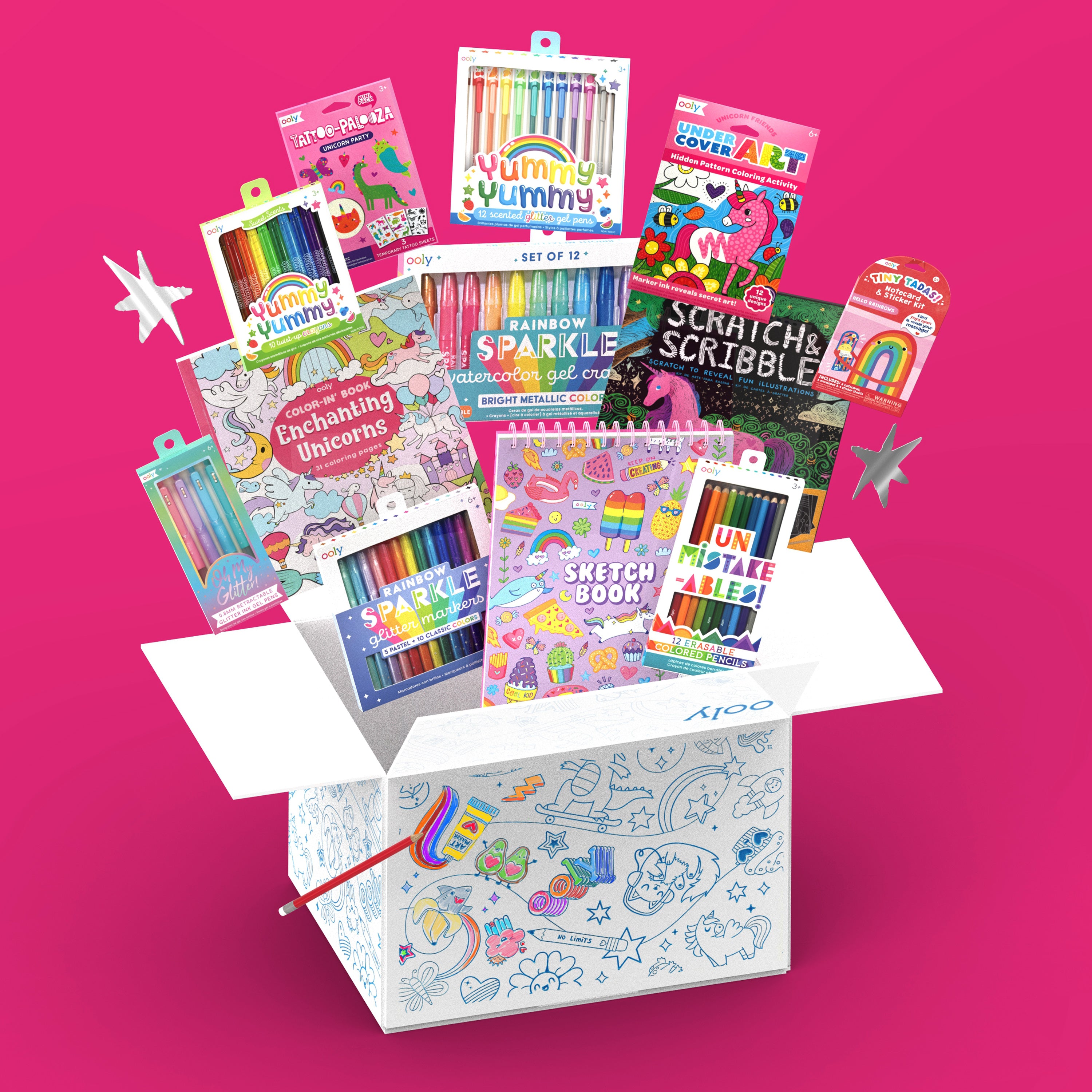 Collection of products coming out of colorable box from OOLY Ultimate Unicorn Rainbows Bonus Box