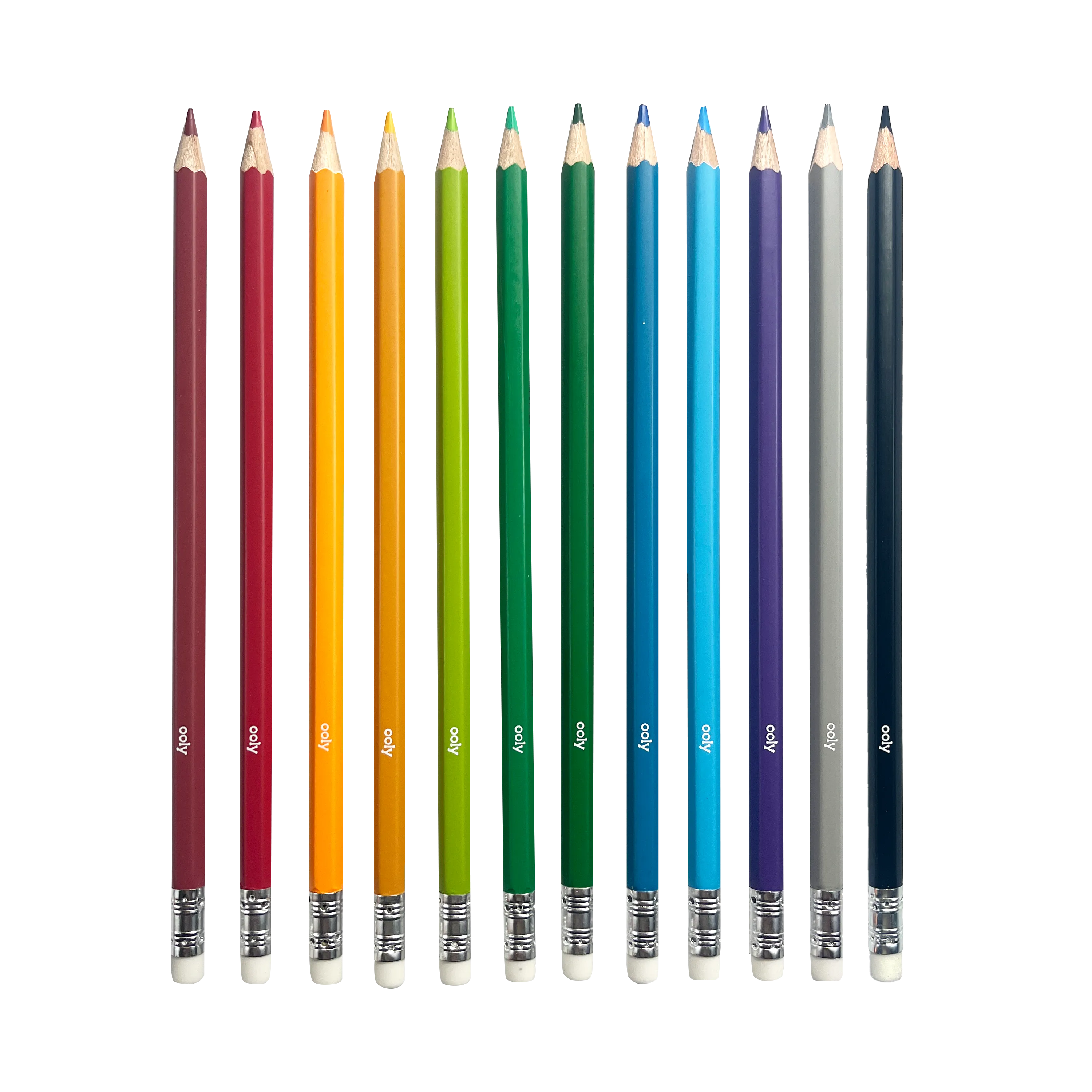 Row of pencils in rainbow order from OOLY Un-Mistakeables! Erasable Colored Pencils