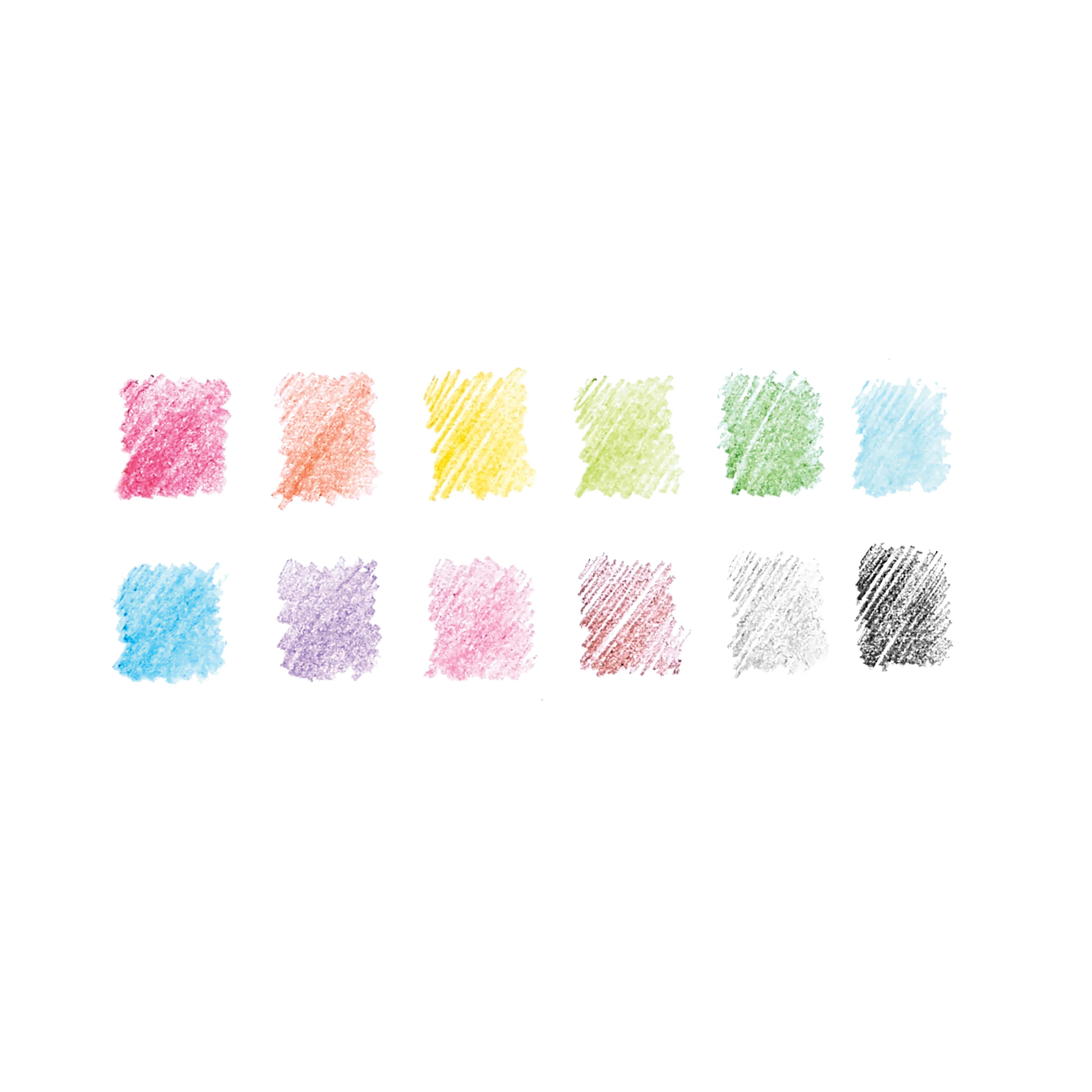 12 colored rainbow swatches on white background made with OOLY Un-Mistakeables! Erasable Colored Pencils