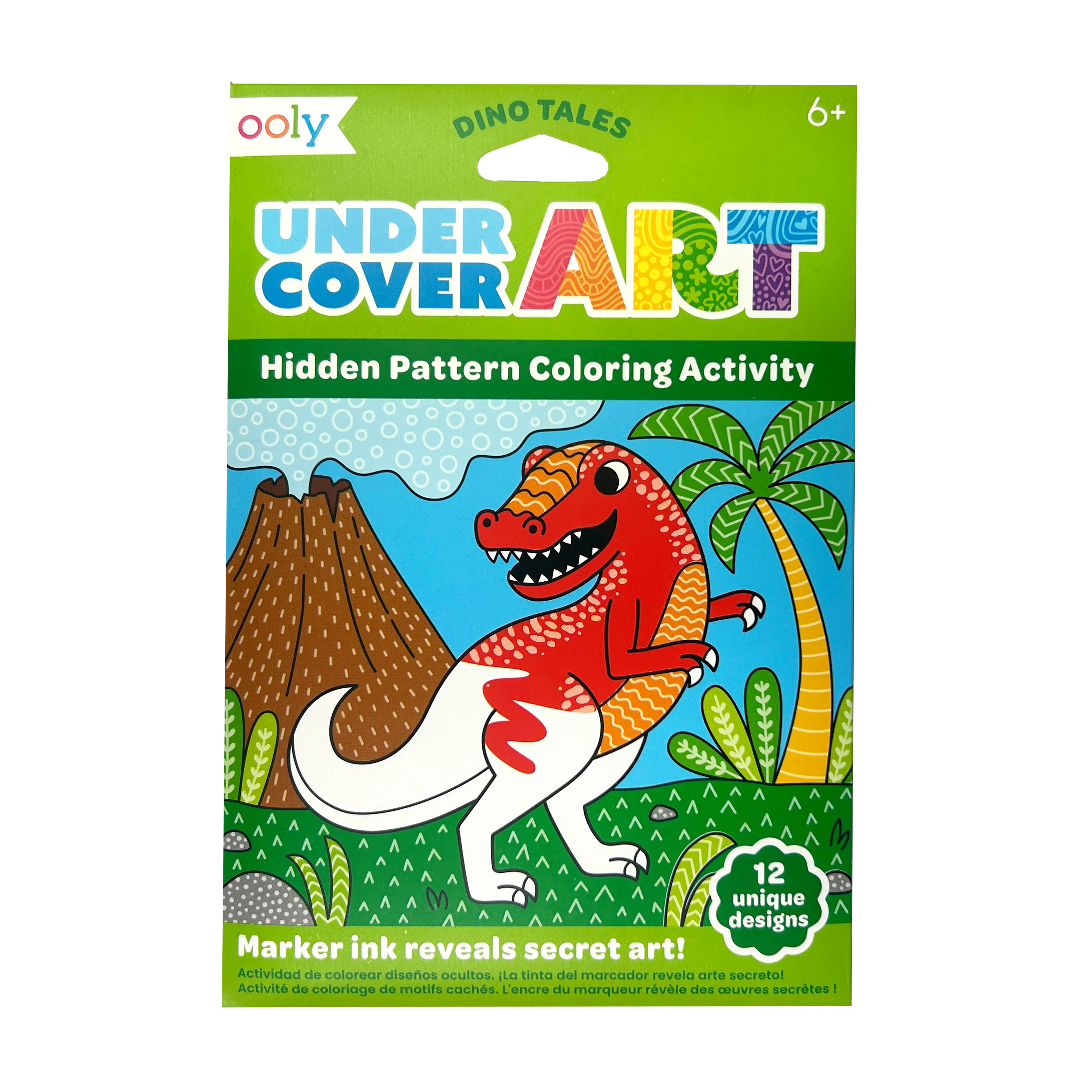 Front of packaging OOLY Undercover Art Hidden Pattern Coloring Activity Art Cards - Dino Tales