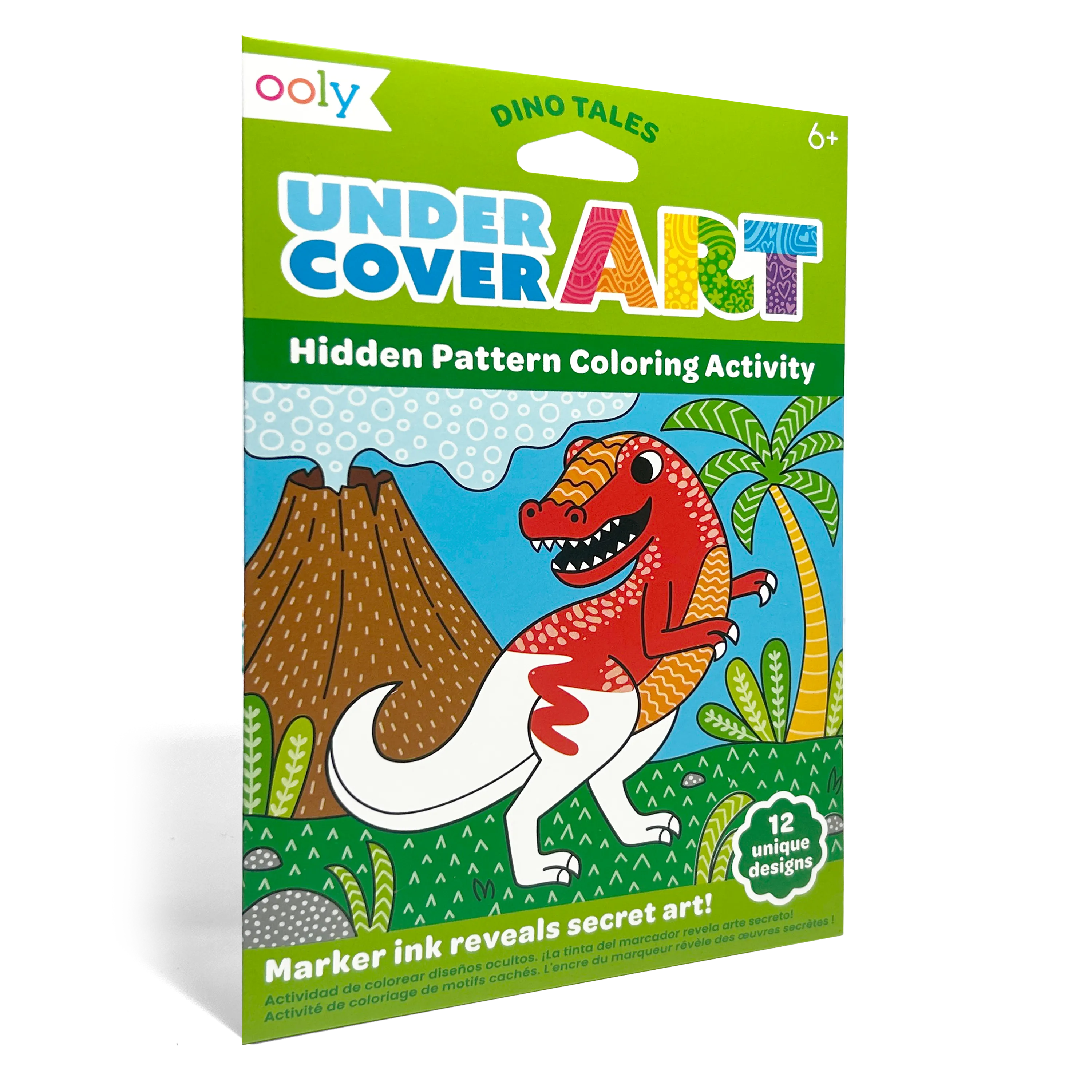 Quarter angle of packaging OOLY Undercover Art Hidden Pattern Coloring Activity Art Cards - Dino Tales