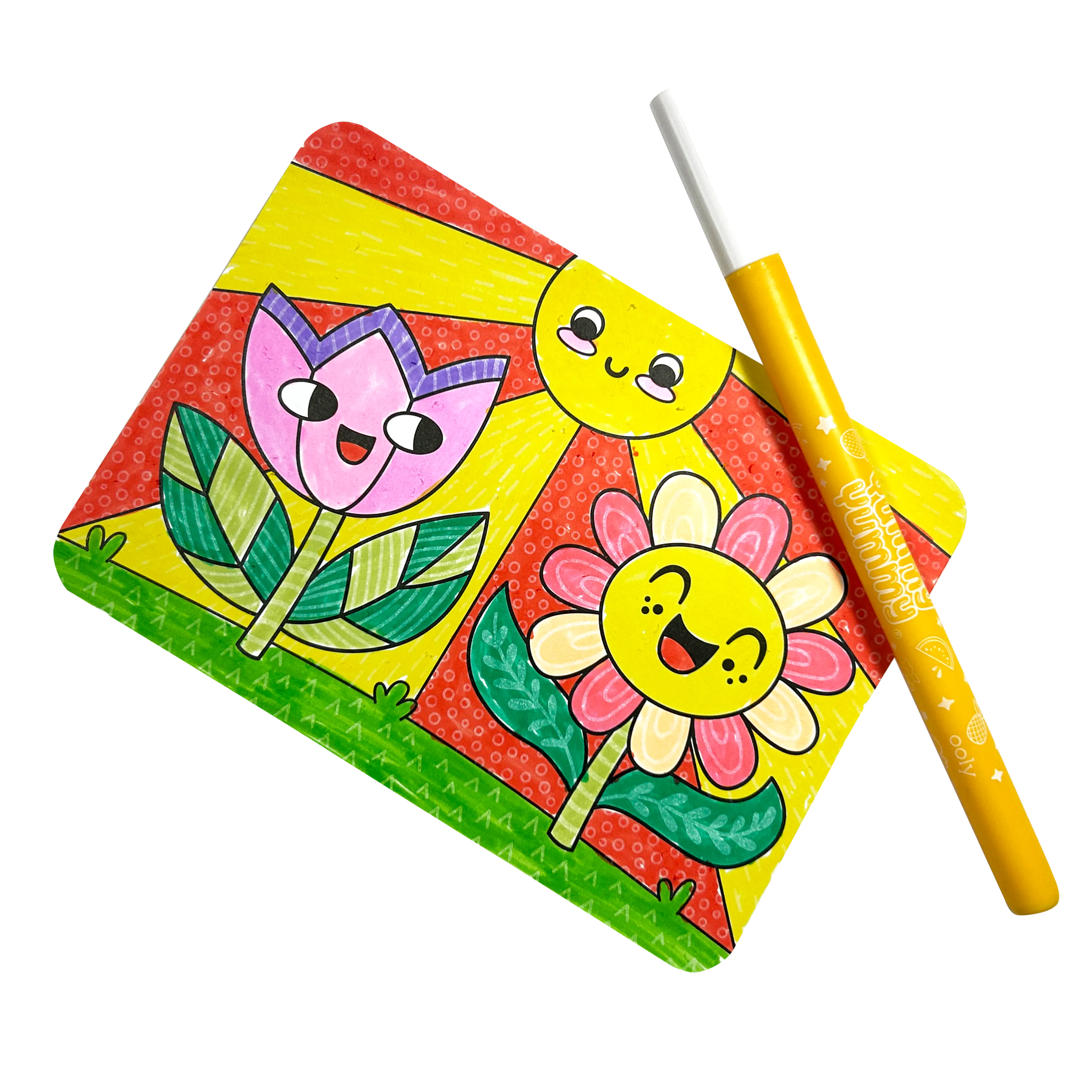 Open and colored OOLY Undercover Art Hidden Pattern Coloring Activity Art Cards - Garden Pals