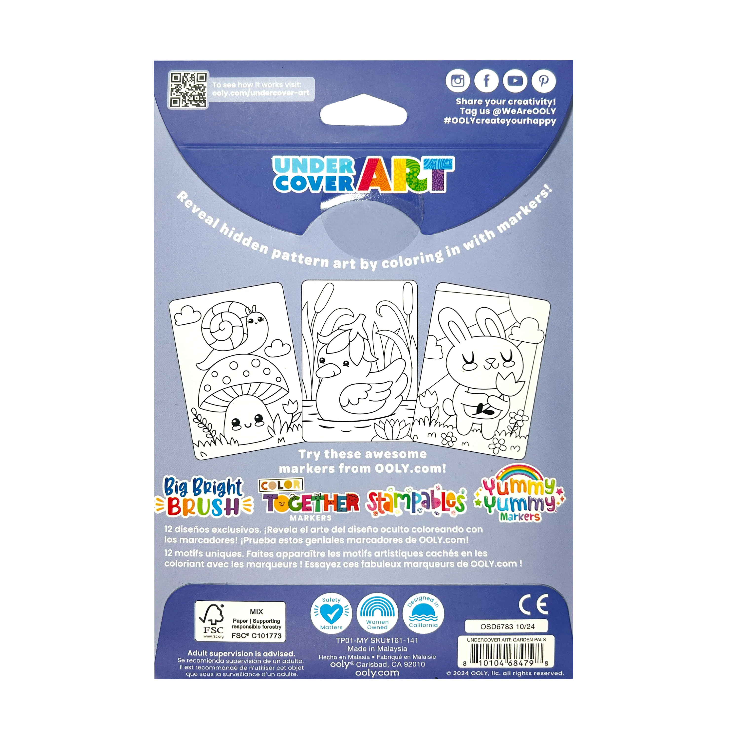 Back of packaging of OOLY Undercover Art Hidden Pattern Coloring Activity Art Cards - Garden Pals