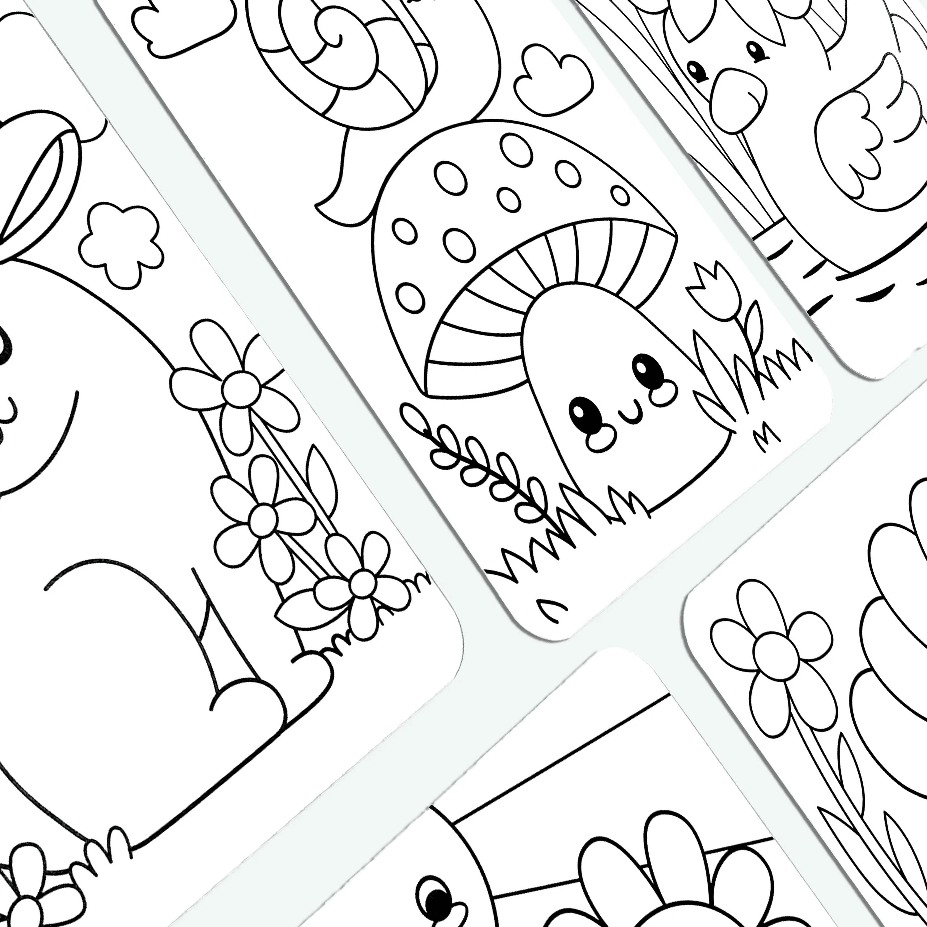 Close up of uncolored cards showing a happy mushroom from OOLY Undercover Art Hidden Pattern Coloring Activity Art Cards - Garden Pals