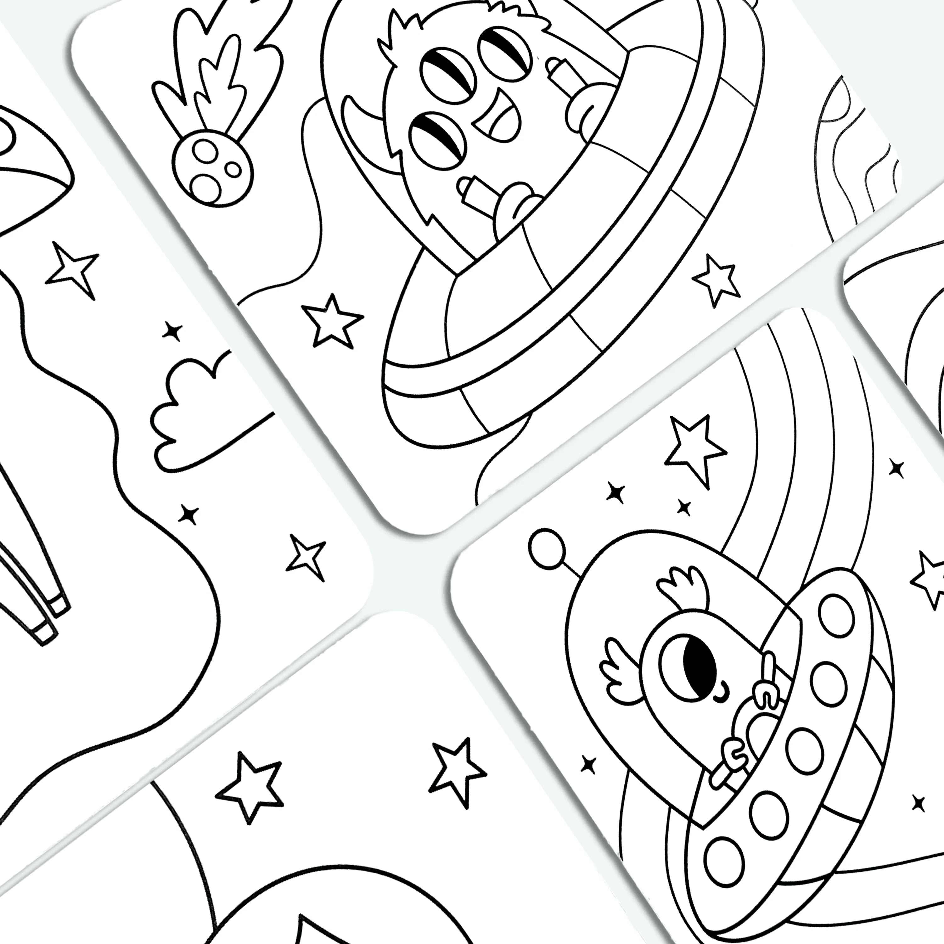 Close up of uncolored cards showing a happy mushroom from OOLY Undercover Art Hidden Pattern Coloring Activity Art Cards - Monster Aliens