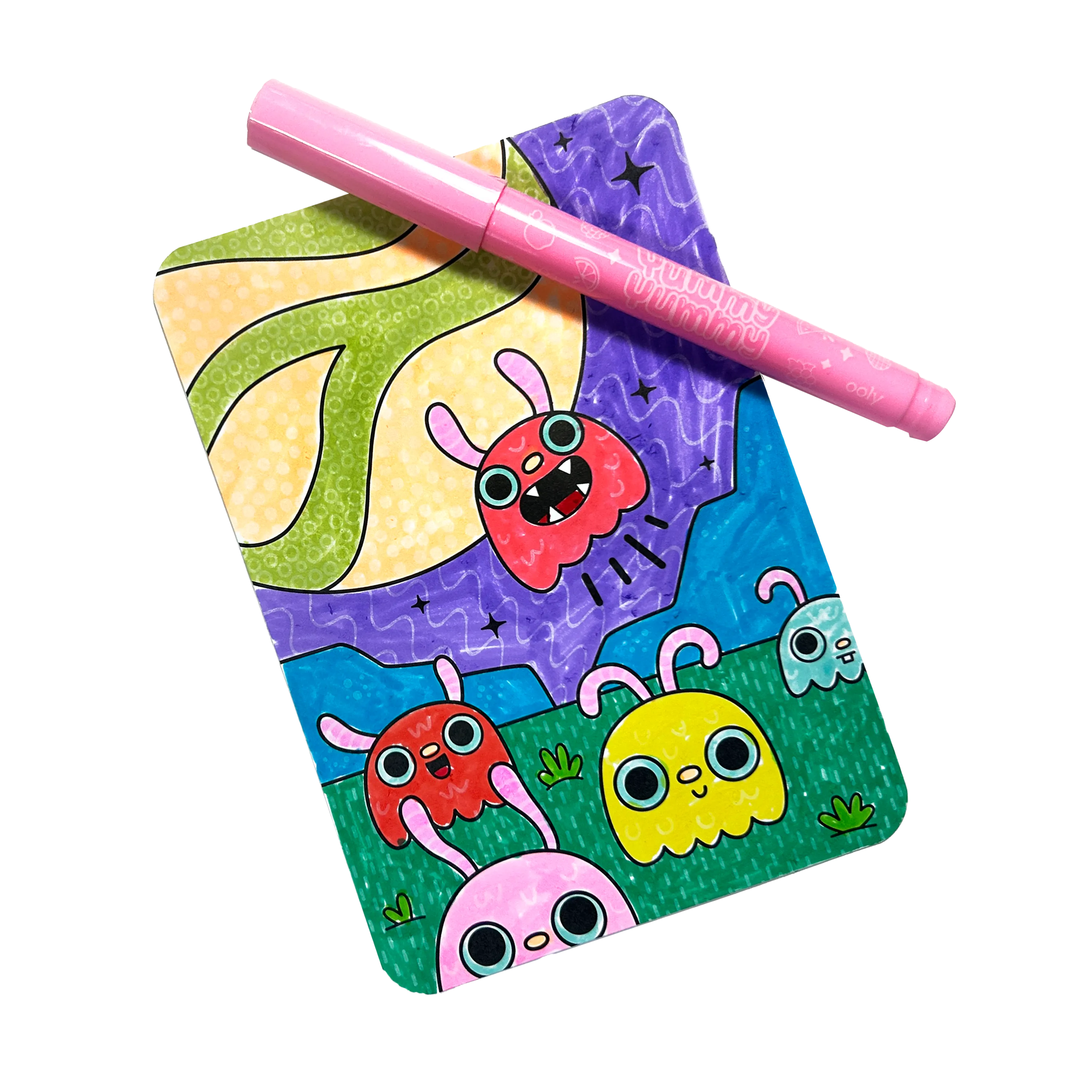 Open and colored OOLY Undercover Art Hidden Pattern Coloring Activity Art Cards - Monster Aliens