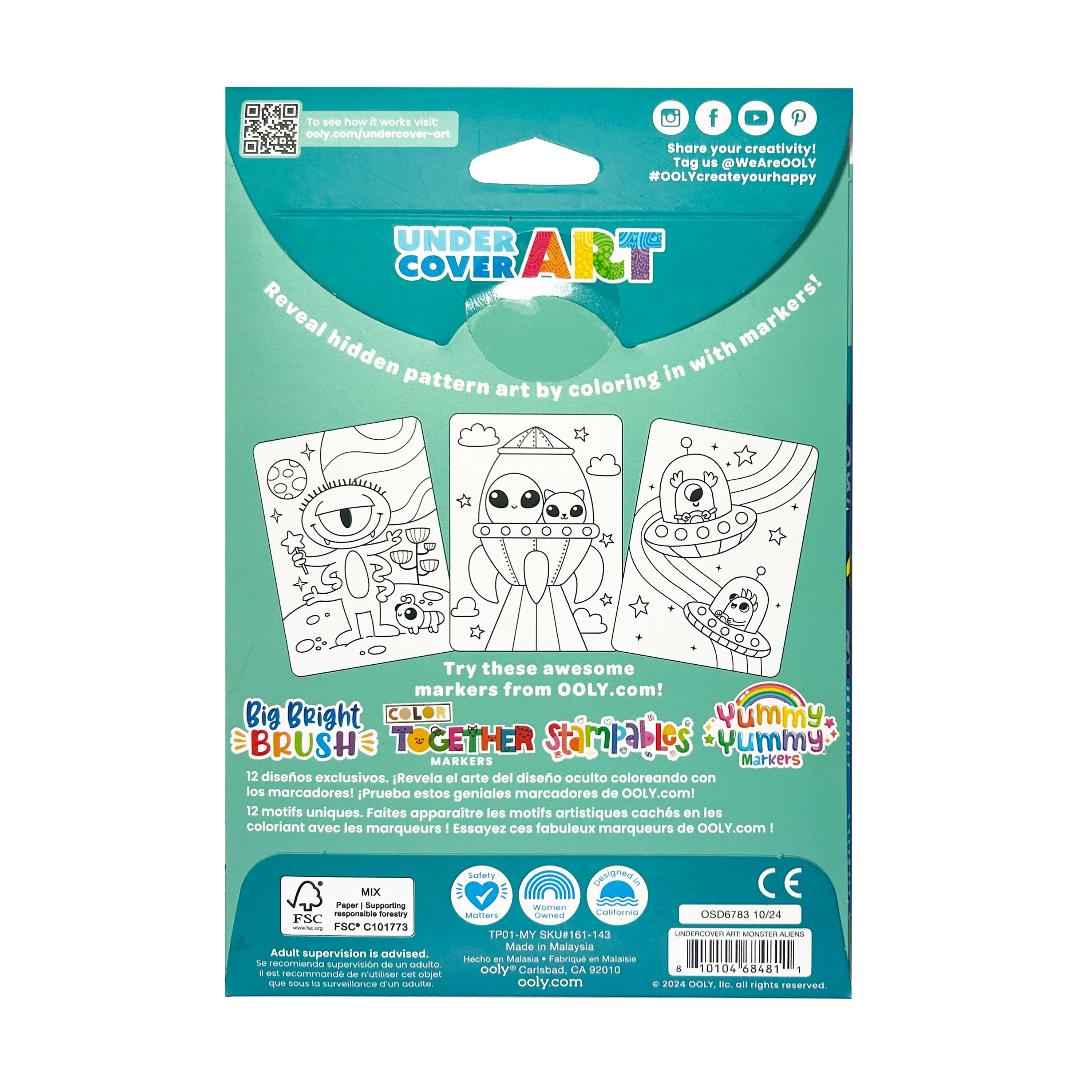 Back of packaging of OOLY Undercover Art Hidden Pattern Coloring Activity Art Cards - Monster Aliens