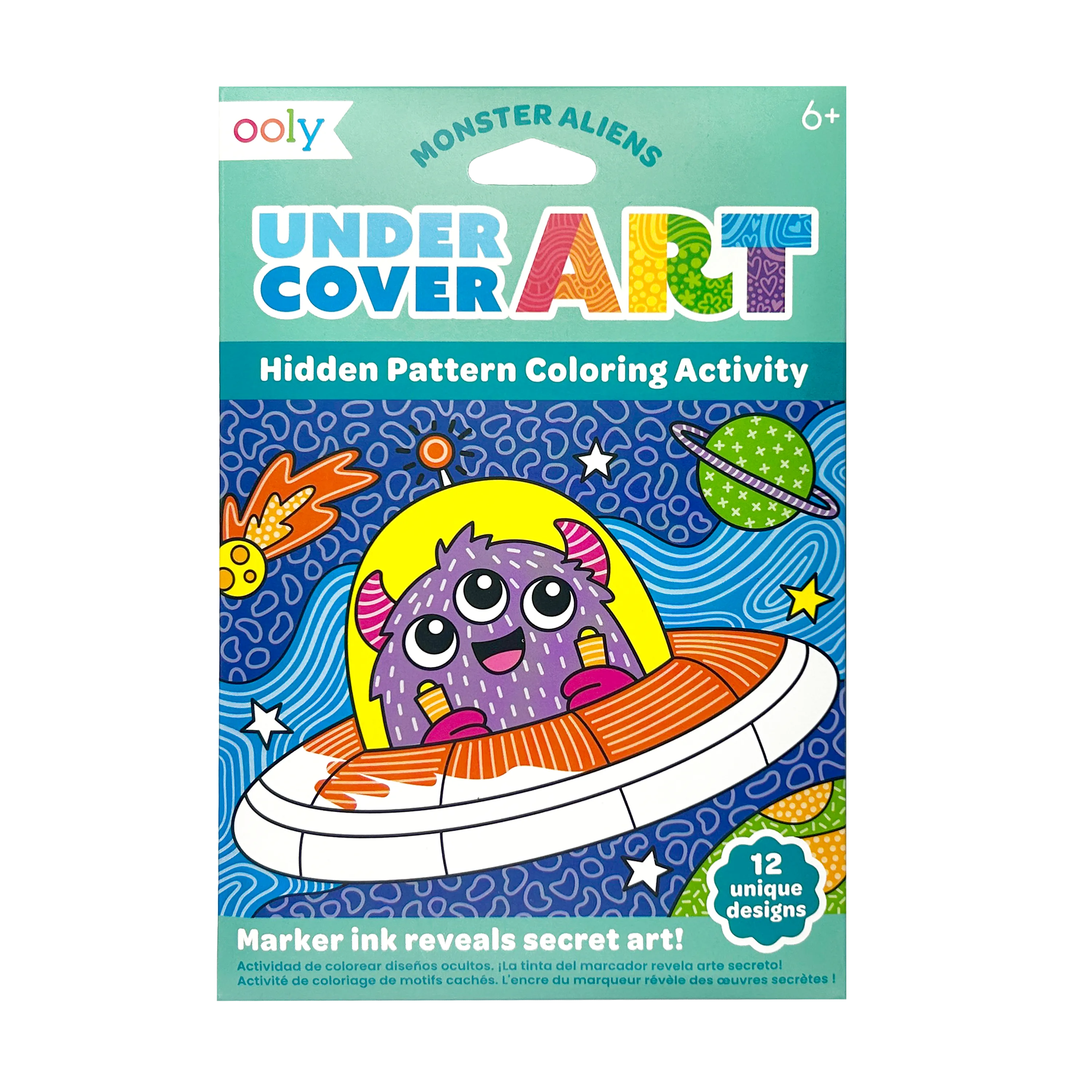 Front of packaging OOLY Undercover Art Hidden Pattern Coloring Activity Art Cards - Monster Aliens