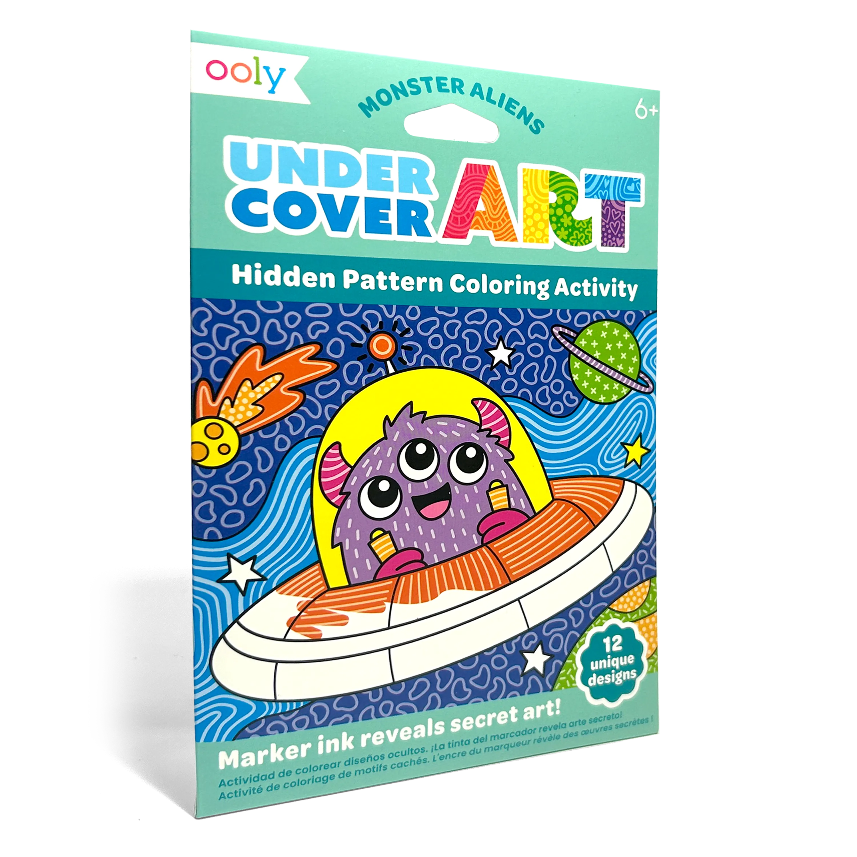 Quarter angle of packaging OOLY Undercover Art Hidden Pattern Coloring Activity Art Cards - Monster Aliens