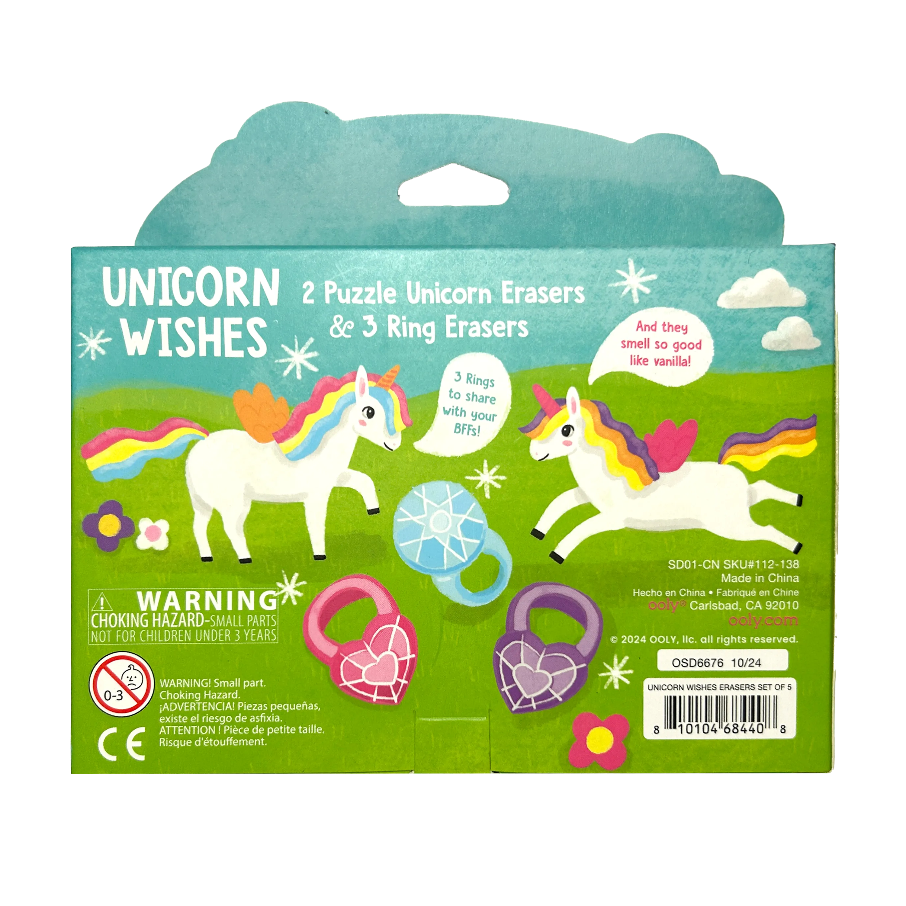 Back of packaging of OOLY Unicorn Wishes Scented Puzzle Erasers