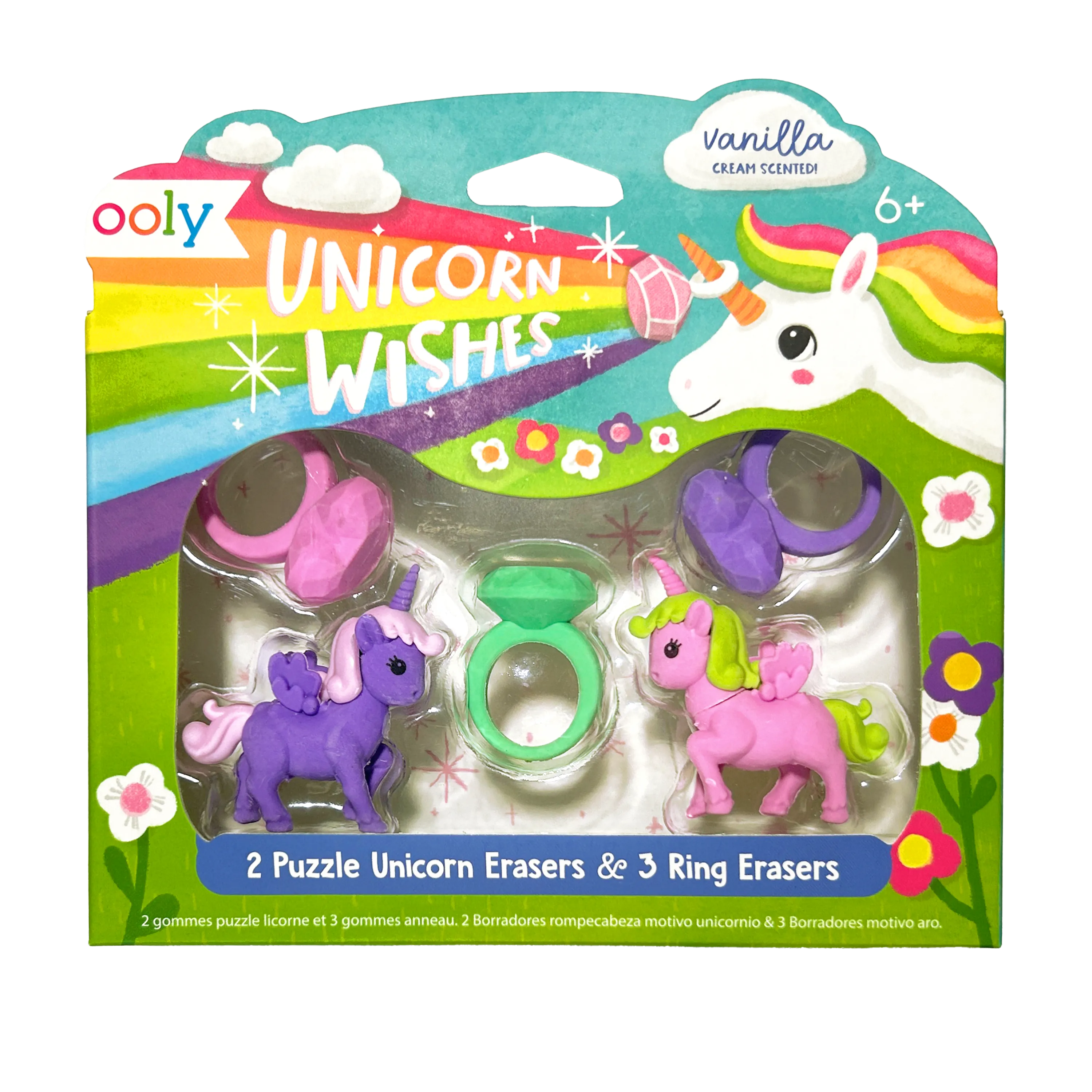 Packaging front of OOLY Unicorn Wishes Scented Puzzle Erasers