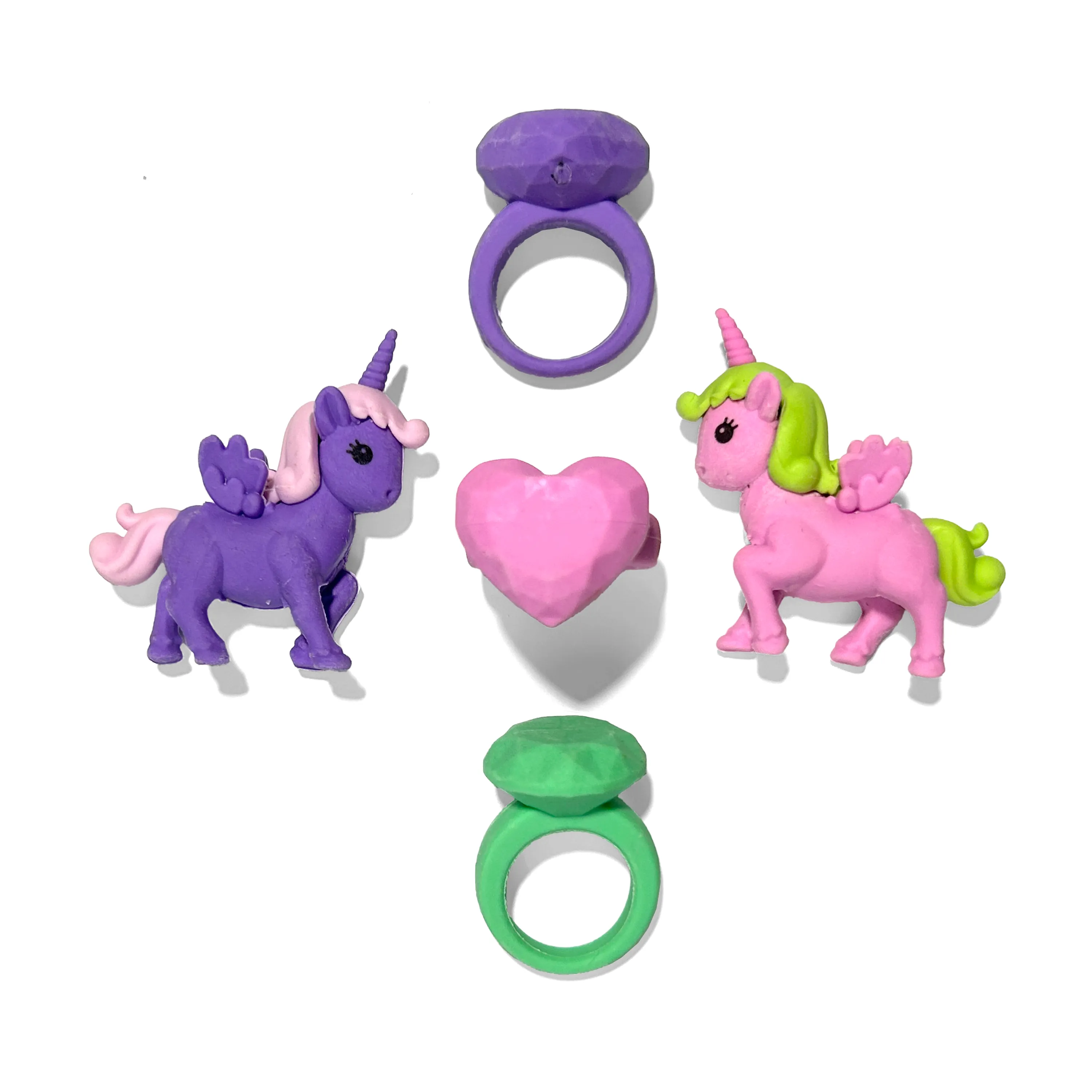 Purple, pink and green unicorns and rings erasers from OOLY Unicorn Wishes Scented Puzzle Erasers