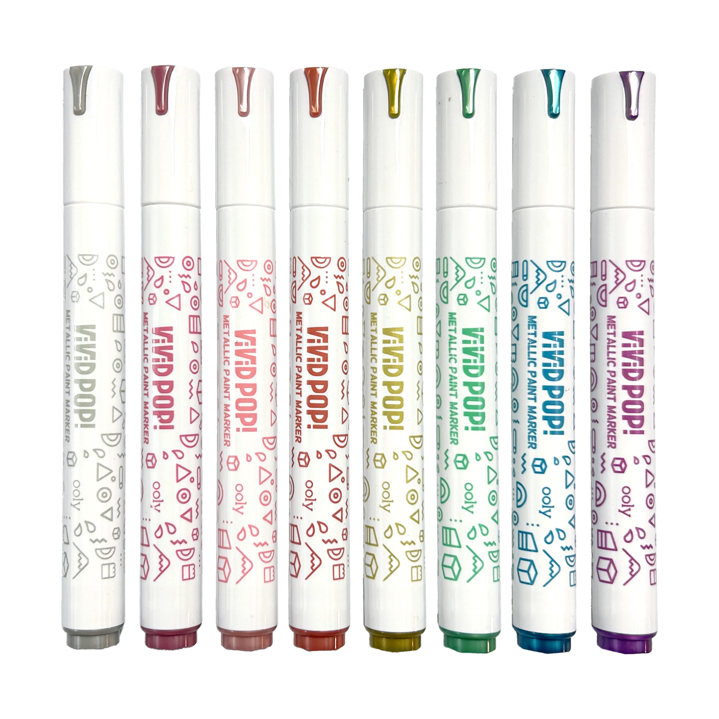 Row of capped OOLY Vivid Pop! Water Based Paint Markers - Metallic