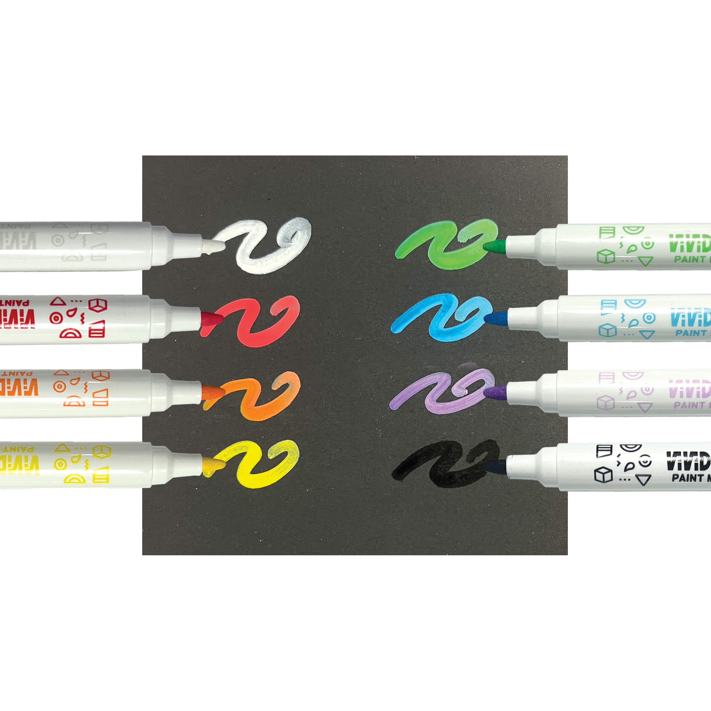 Color swatches with markers on black paper from OOLY Vivid Pop! Water Based Paint Markers - Set of 8