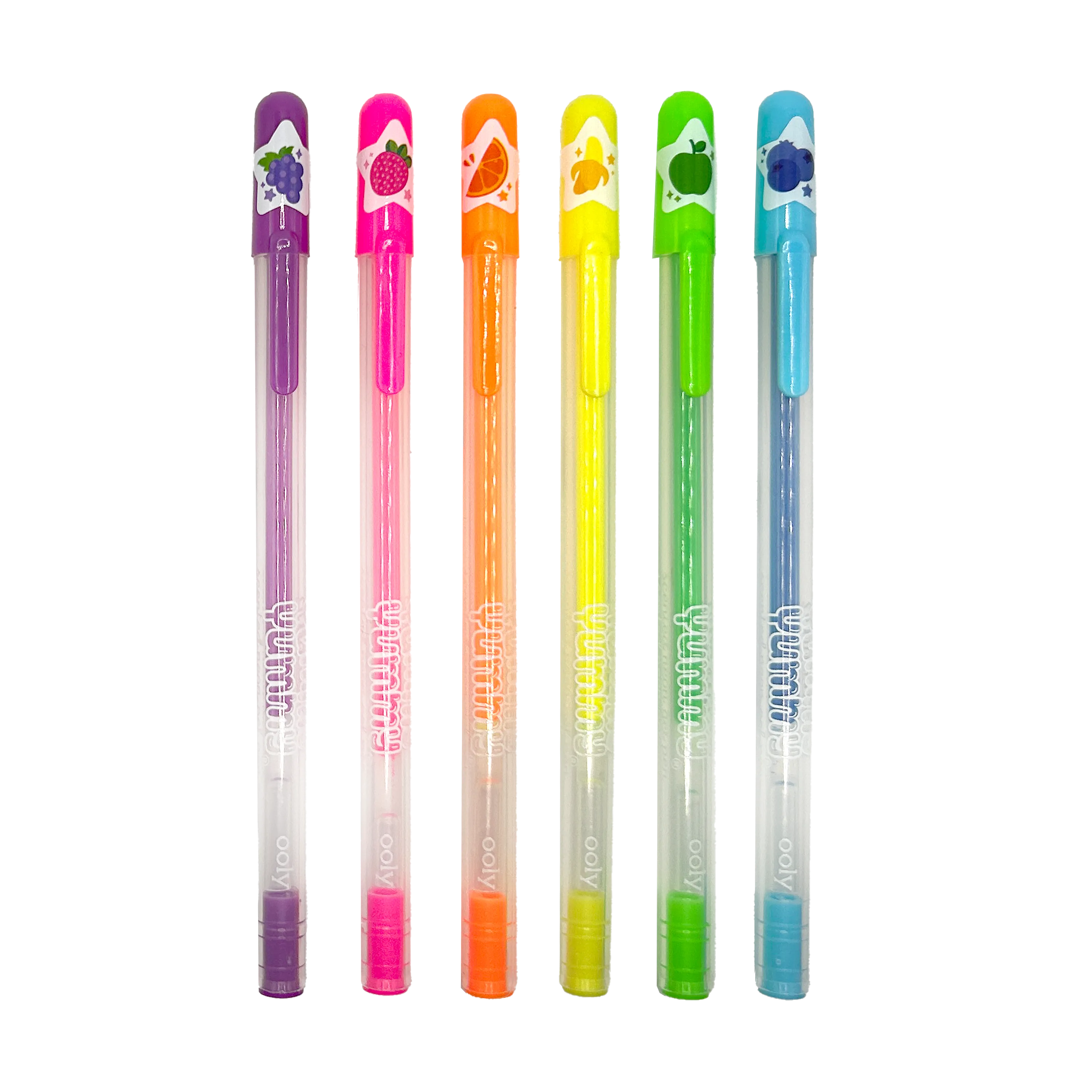 Row of six OOLY Yummy Yummy Neon Scented Gel Pens