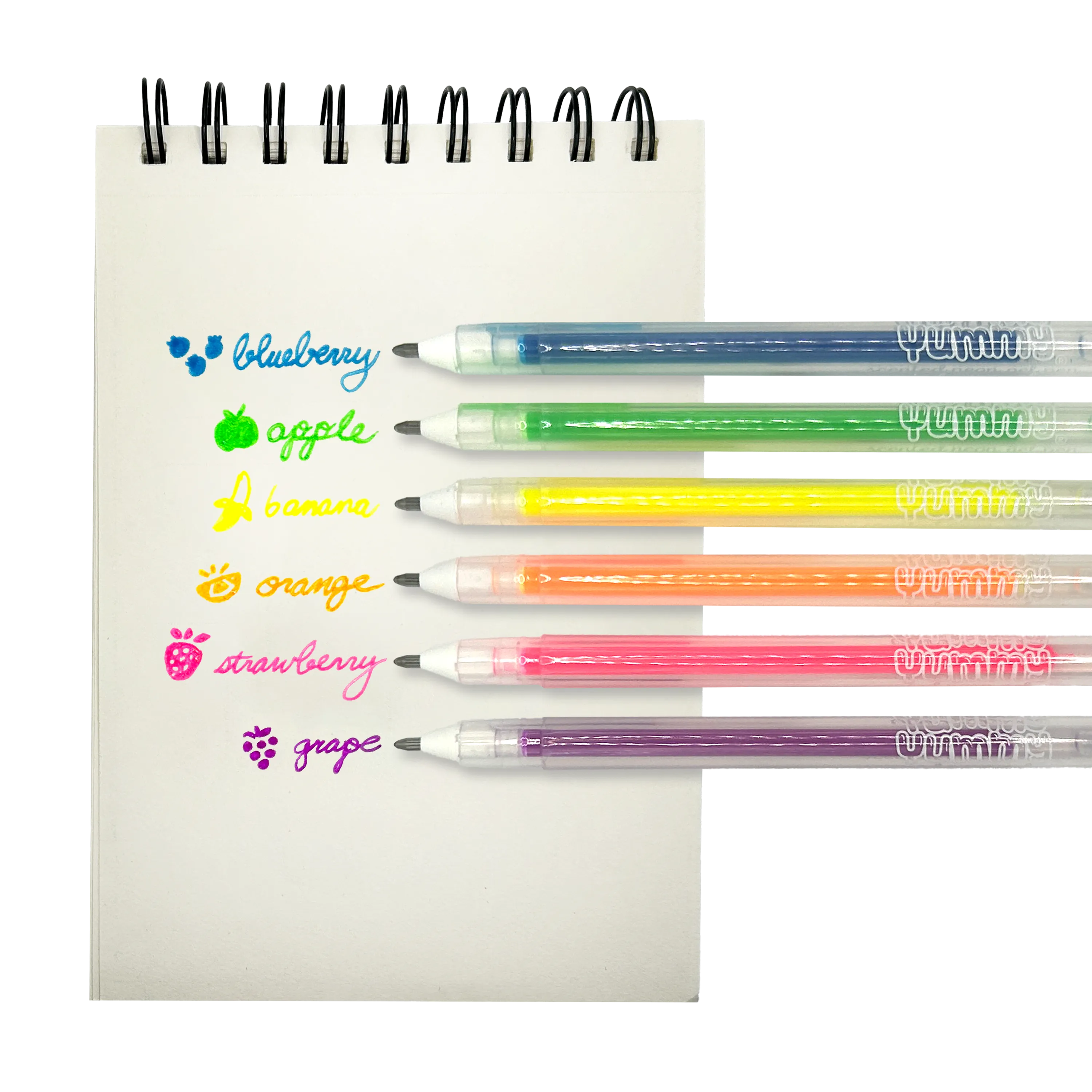 White paper pad with fruit scented watches with OOLY Yummy Yummy Neon Scented Gel Pens