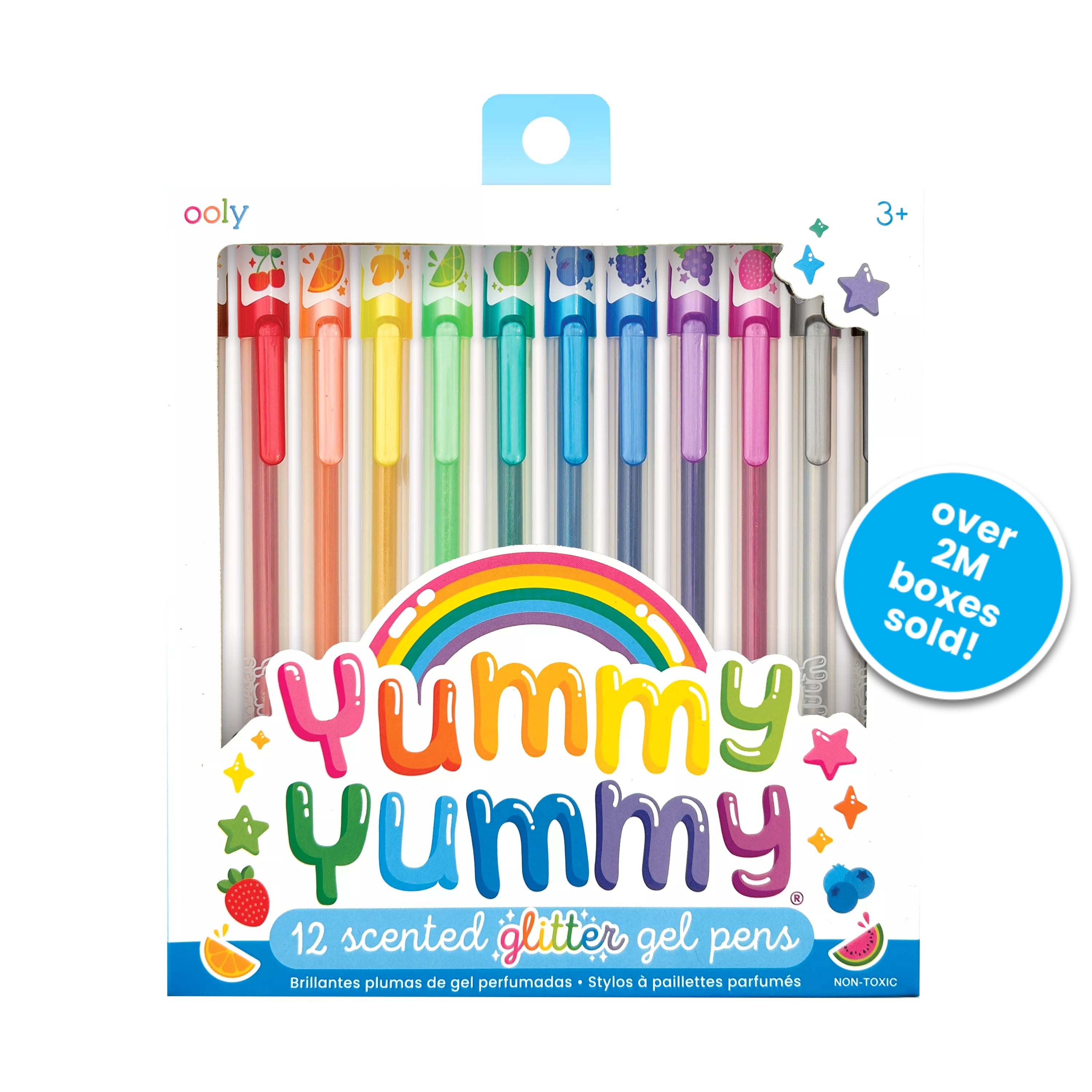 Front of Packaging of Yummy Yummy Scented Glitter Gel Pens with 2m boxes sold badge